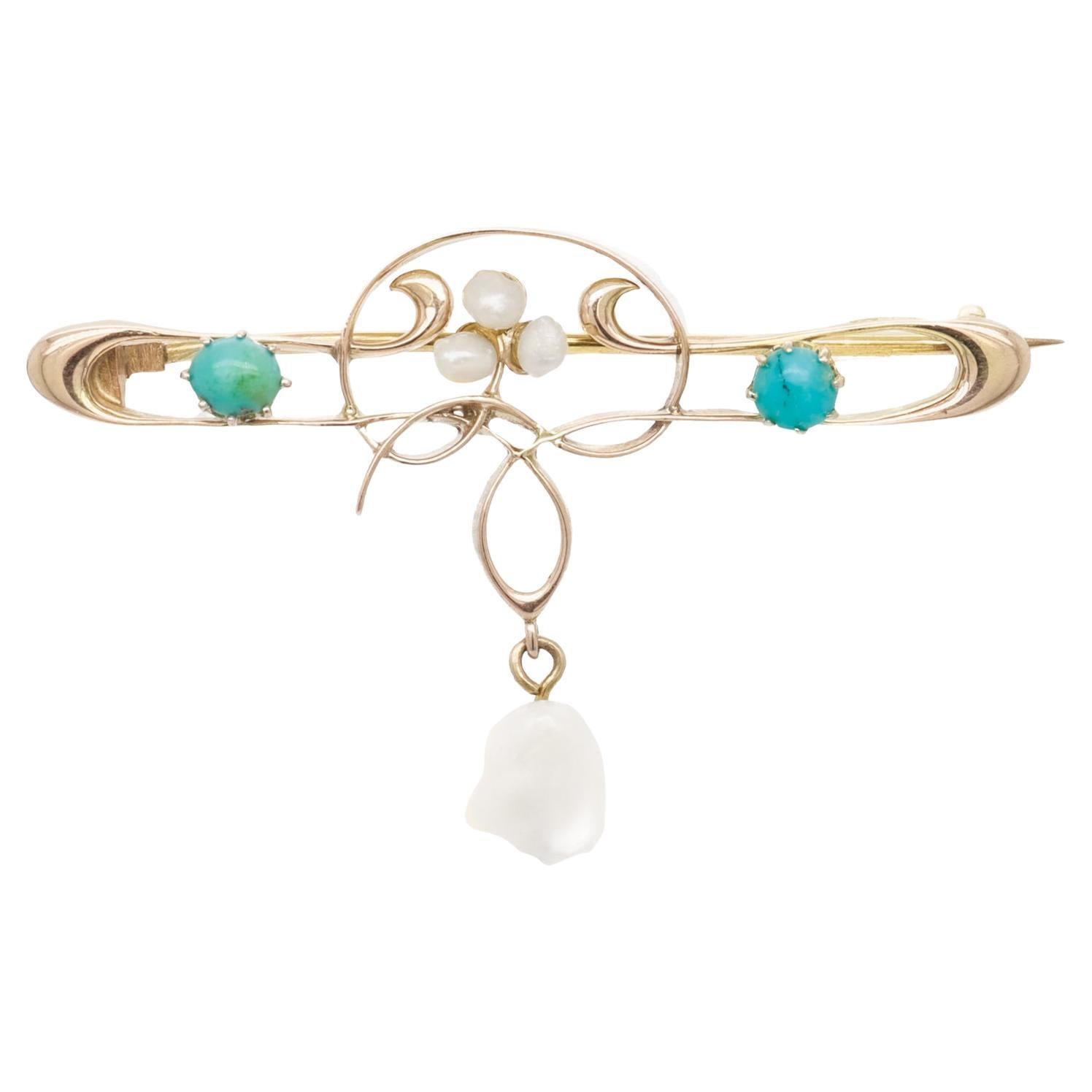 Antique William H Haseler English Art Nouveau Gold, Turquoise & Pearl Brooch/Pin