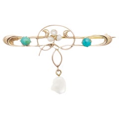 Antique William H Haseler English Art Nouveau Gold, Turquoise & Pearl Brooch/Pin