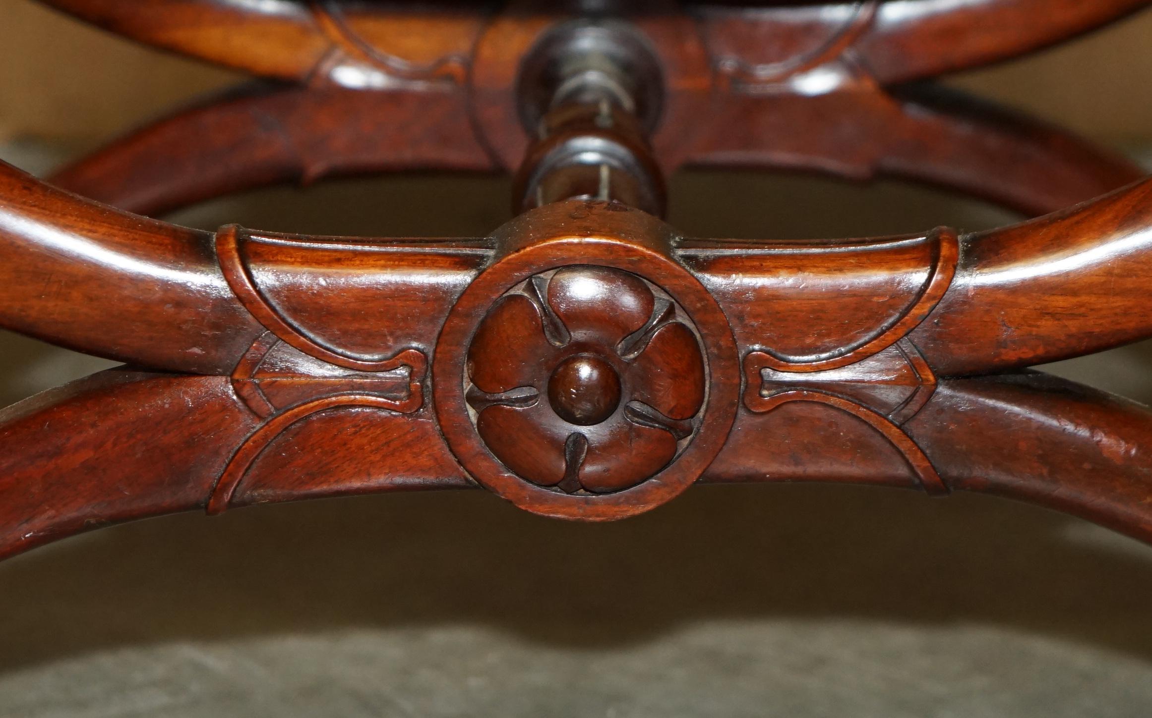 ANTIQUE William IV 1830 BROWN LEATHER HARDWOOD CHESTERFIELD STOOL PIANO BENCHETTO in vendita 2