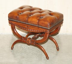 ANTIQUE WiLLIAM IV 1830 BROWN LEATHER HARDWOOD CHESTERFIELD STOOL PIANO BENCH