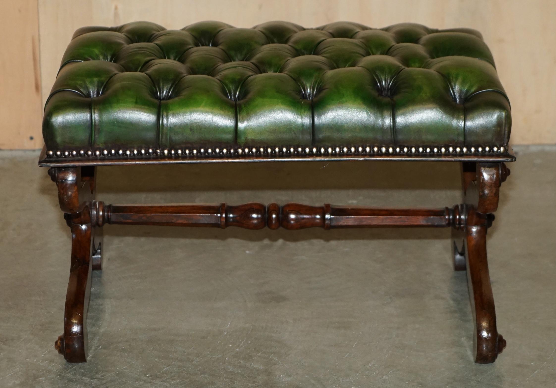 William IV ANTIQUE WILLIAM IV 1830 GREEN LEATHER HARDWOOD CHESTERFIELD STOOL PiANO BENCH For Sale