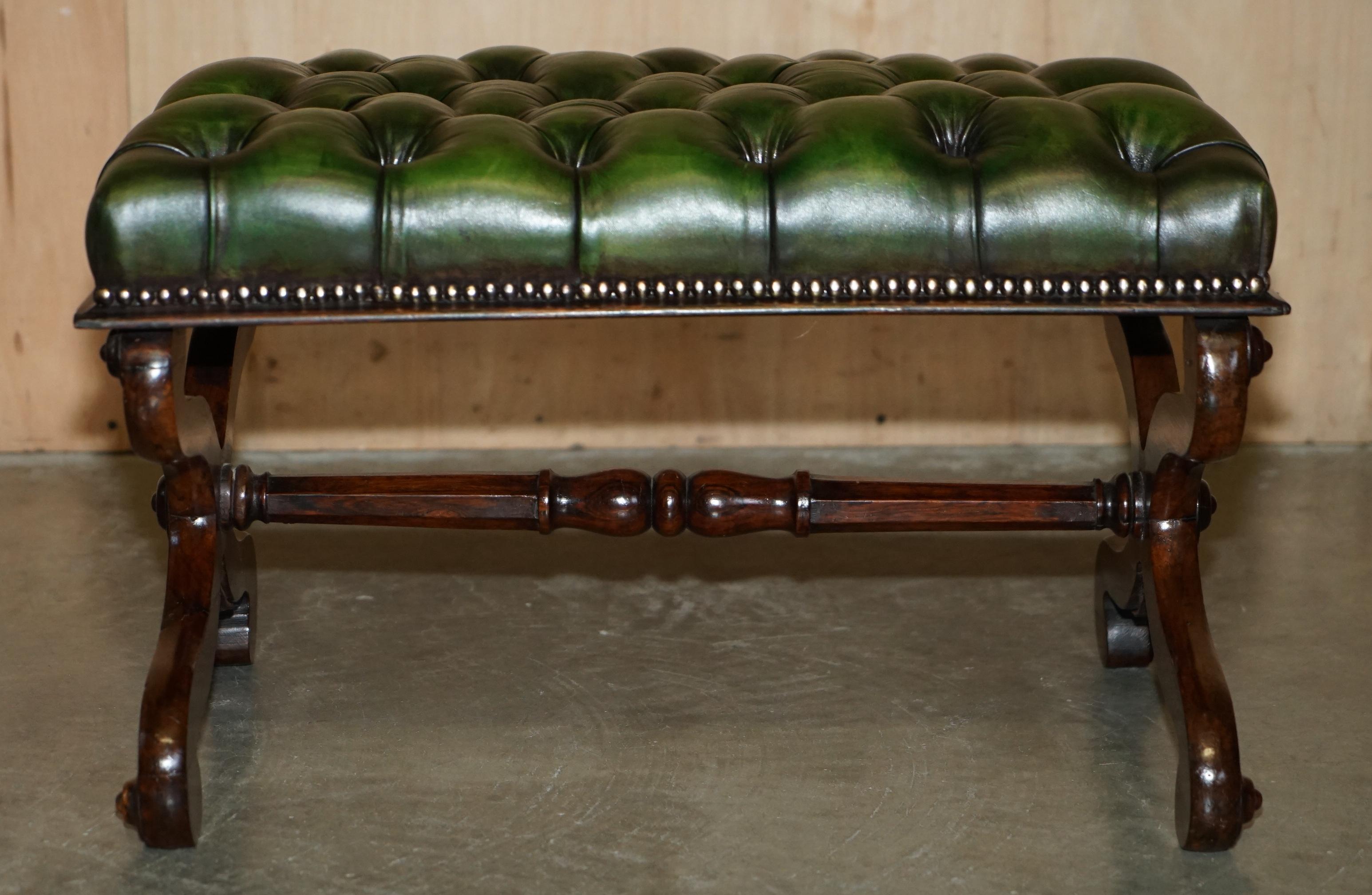 Leather ANTIQUE WILLIAM IV 1830 GREEN LEATHER HARDWOOD CHESTERFIELD STOOL PiANO BENCH For Sale