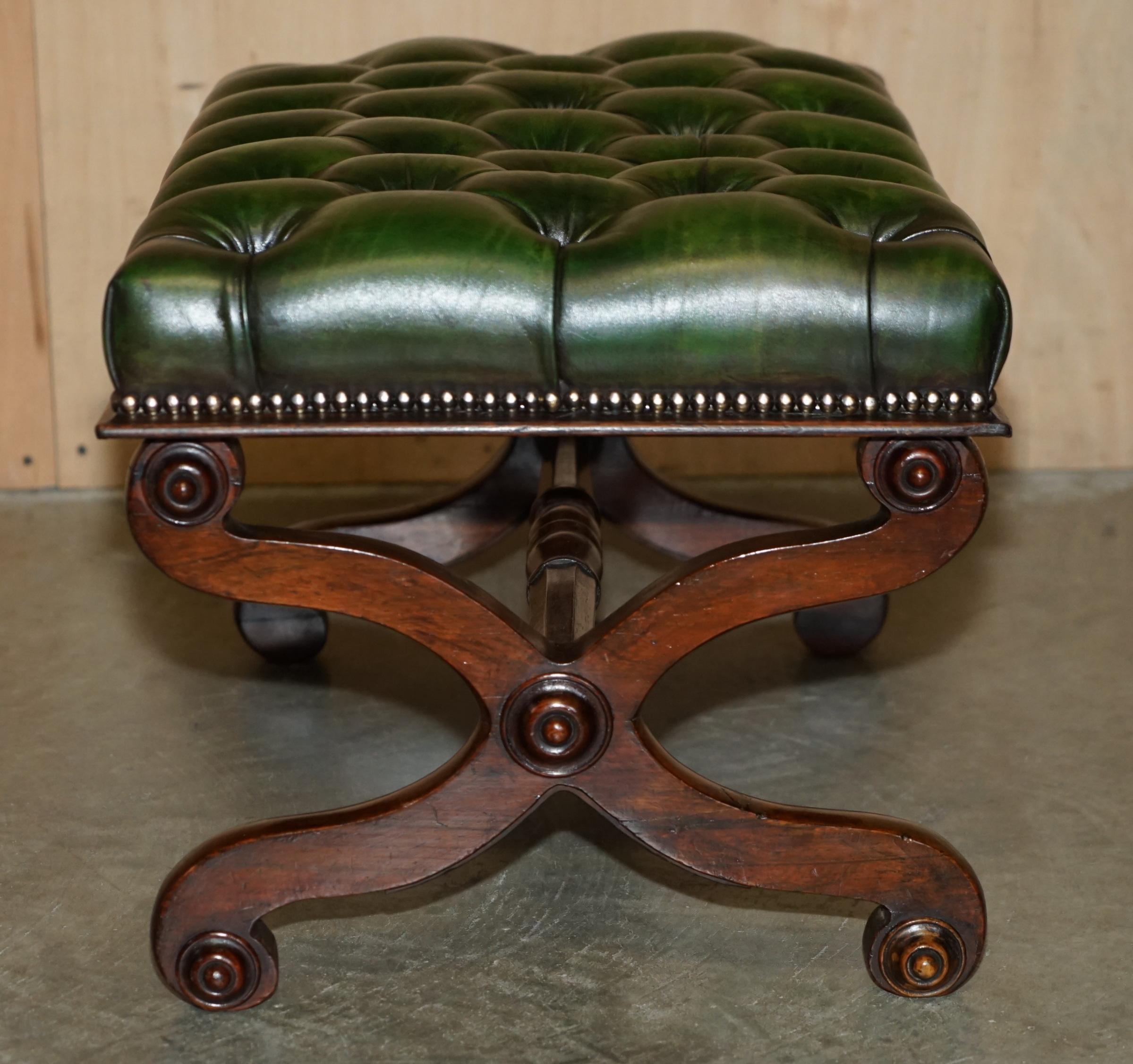 ANTIQUE WILLIAM IV 1830 GREEN LEATHER HARDWOOD CHESTERFIELD STOOL PiANO BENCH For Sale 1