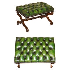 ANTIQUE WILLIAM IV 1830 GREEN LEATHER HARDWOOD CHESTERFIELD STOOL PiANO BENCH