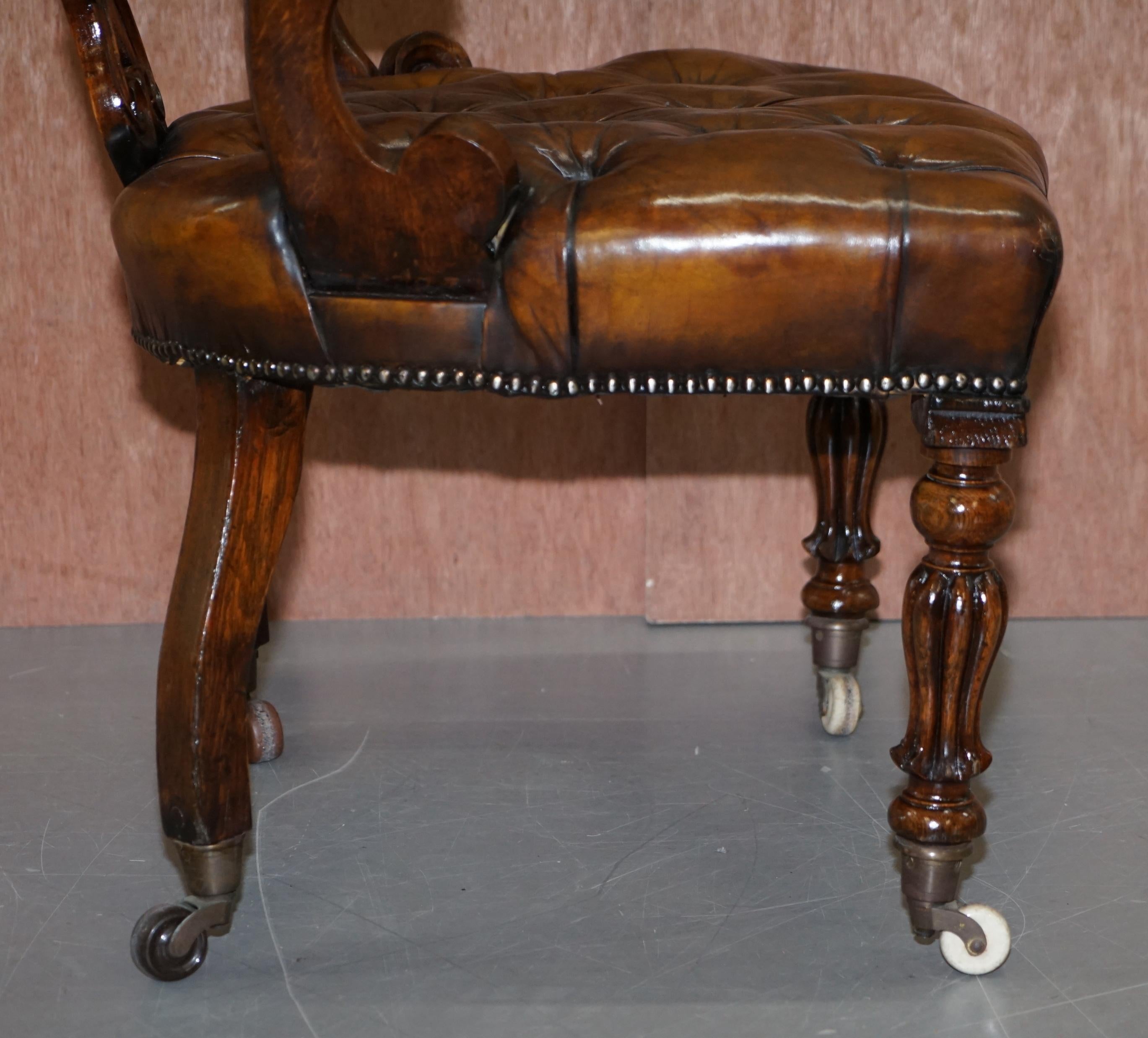Antique William IV Aged Brown Leather Chesterfield Fully Restored Captains Chair 8