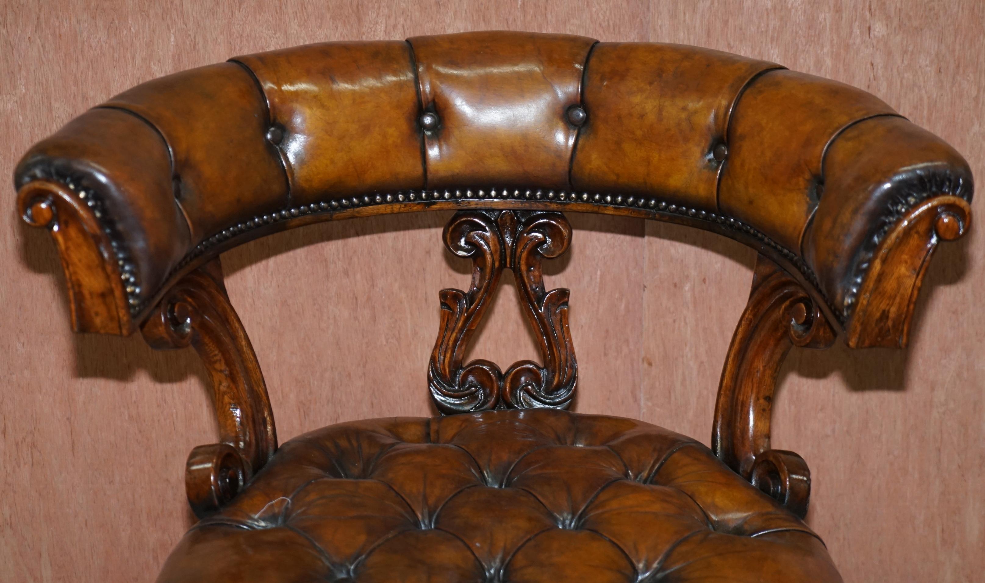 English Antique William IV Aged Brown Leather Chesterfield Fully Restored Captains Chair