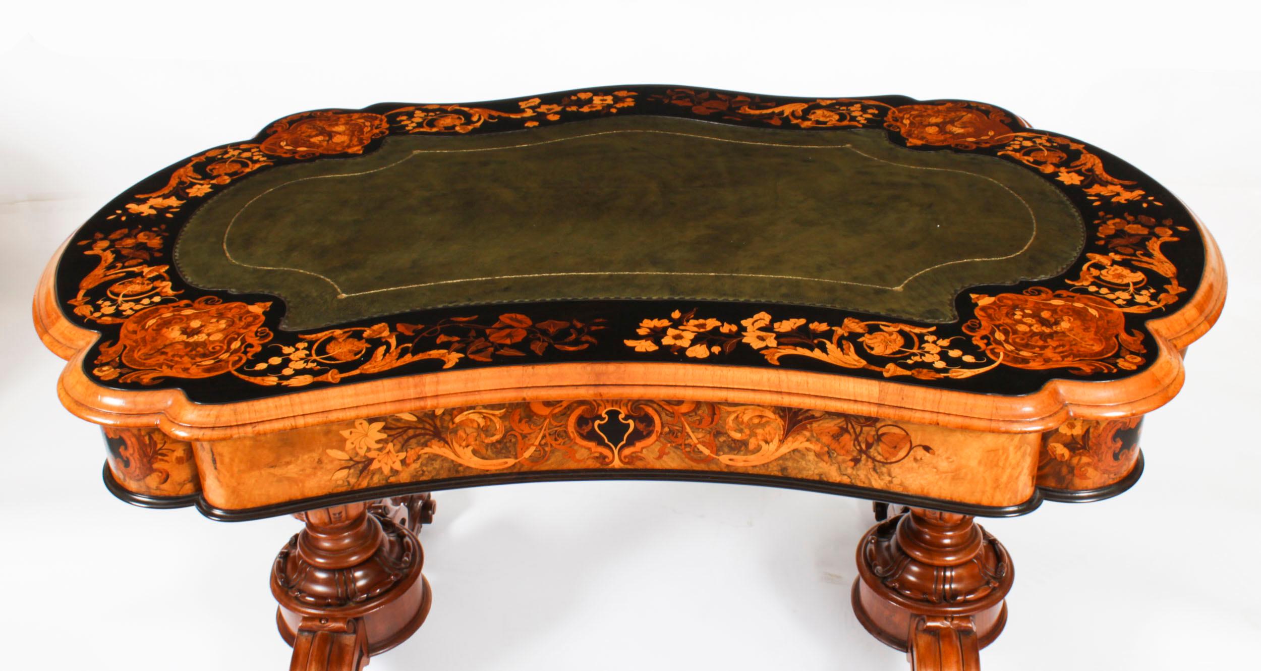 English Antique William IV Burr Walnut Marquetry Kidney Shaped Writing Table Desk 19th C