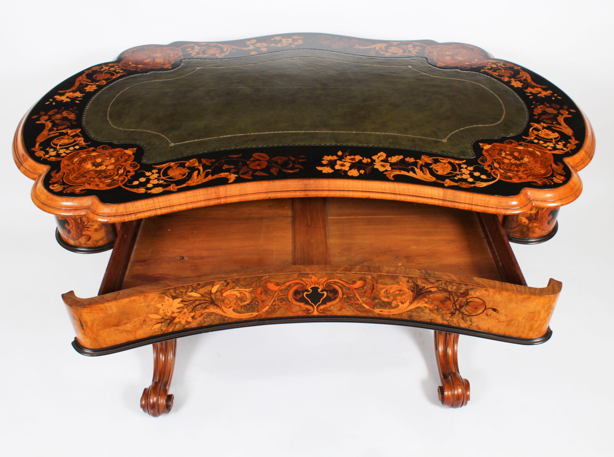 Ebonized Antique William IV Burr Walnut Marquetry Kidney Shaped Writing Table Desk 19th C