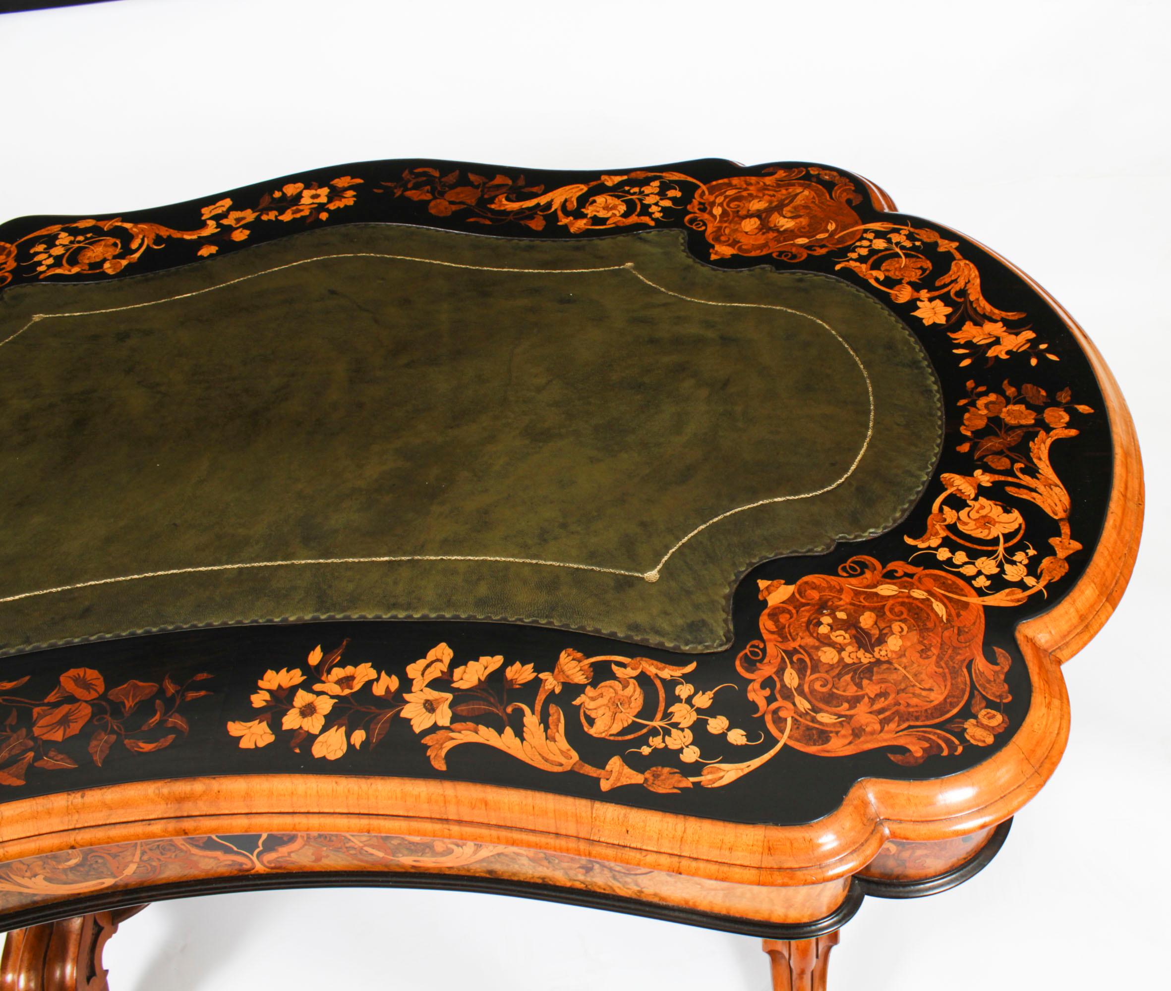 Leather Antique William IV Burr Walnut Marquetry Kidney Shaped Writing Table Desk 19th C