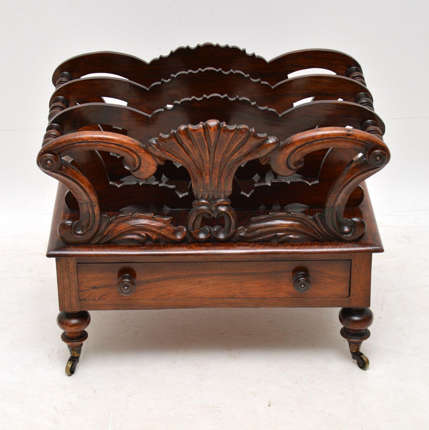 Antique William IV Canterbury in good original condition and dating to circa 1830s-1840s period.

This is a very useful and top quality item, that’s perfect for holding magazines. It’s beautifully carved on the front and there are four partitions.