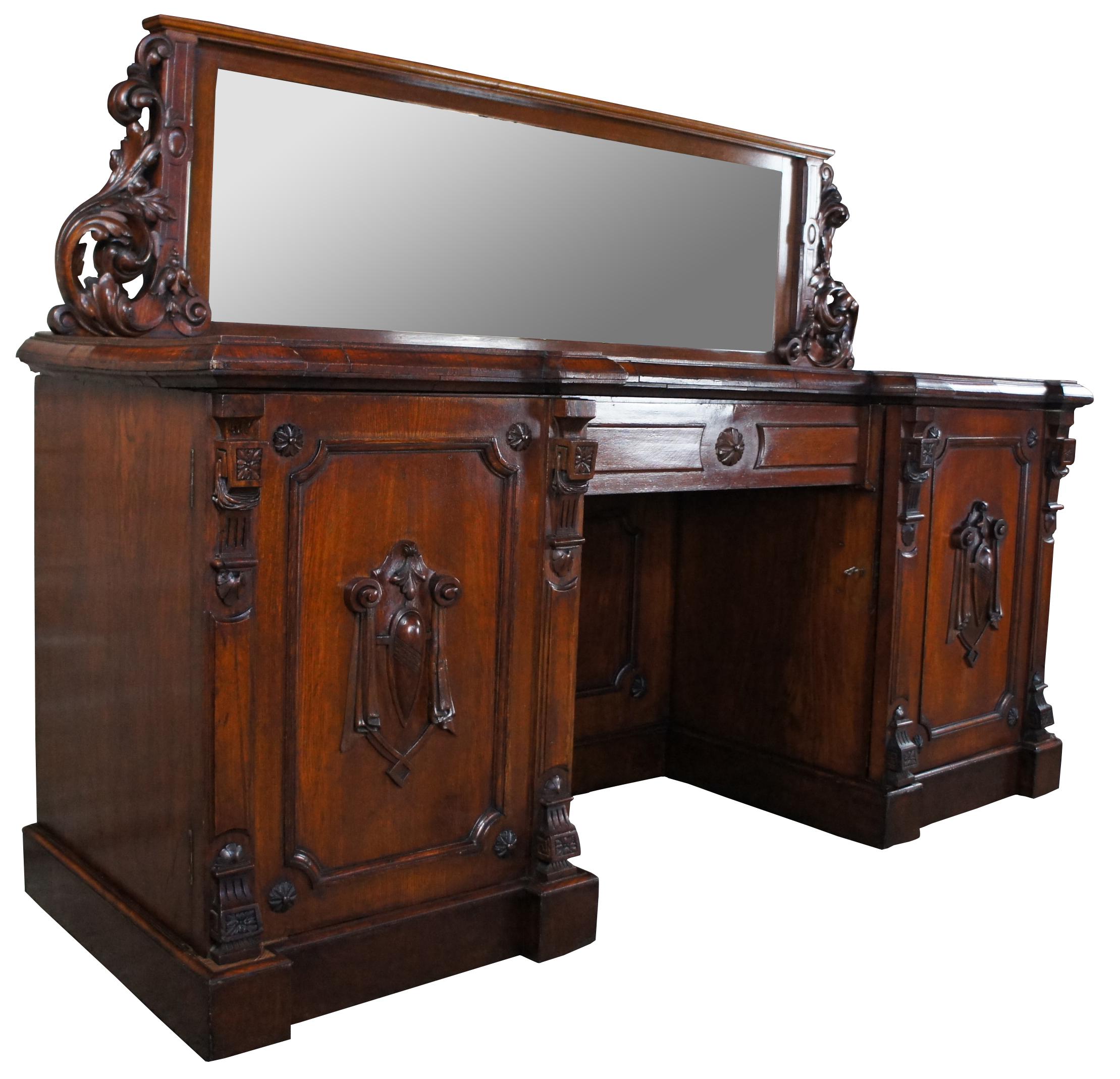 Antique William IV Carved Oak Pedestal Sideboard & Mirror Buffet Server Barback  In Good Condition In Dayton, OH