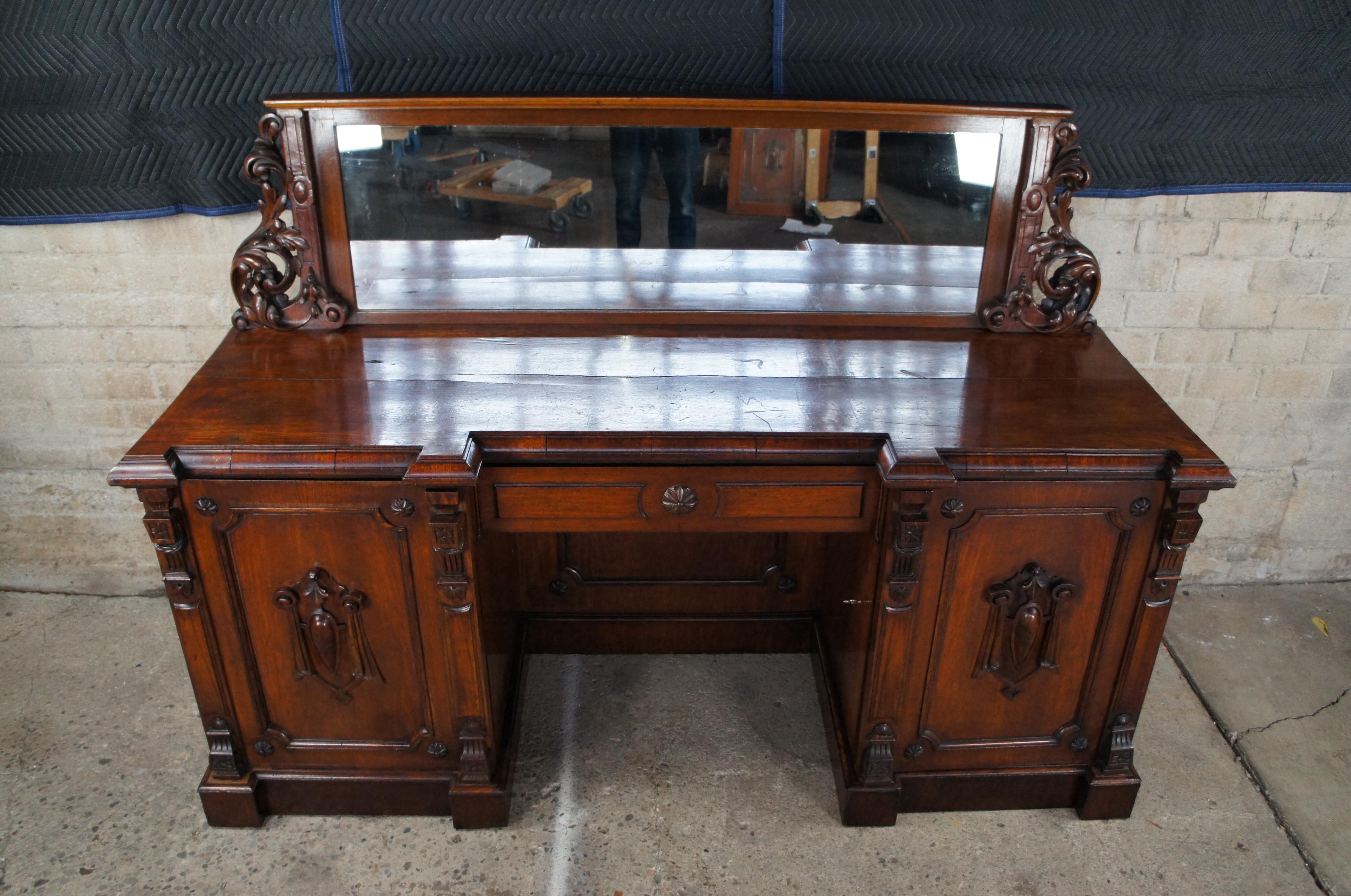 19th Century Antique William IV Carved Oak Pedestal Sideboard & Mirror Buffet Server Barback 