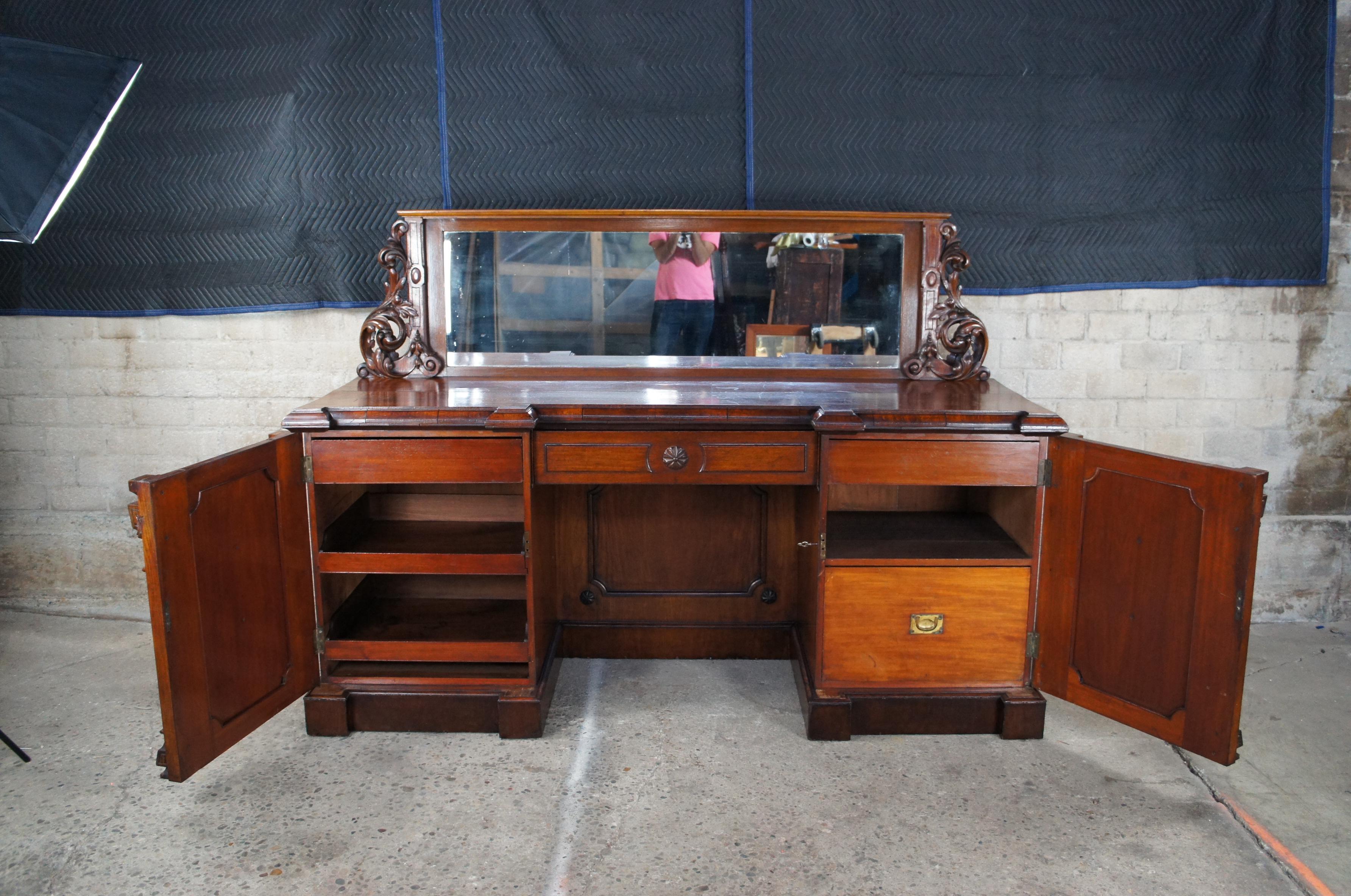 Antique William IV Carved Oak Pedestal Sideboard & Mirror Buffet Server Barback  1