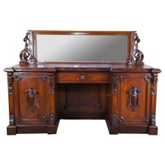 Buffet ancien à piédestal en chêne sculpté William IV et support de bar en miroir