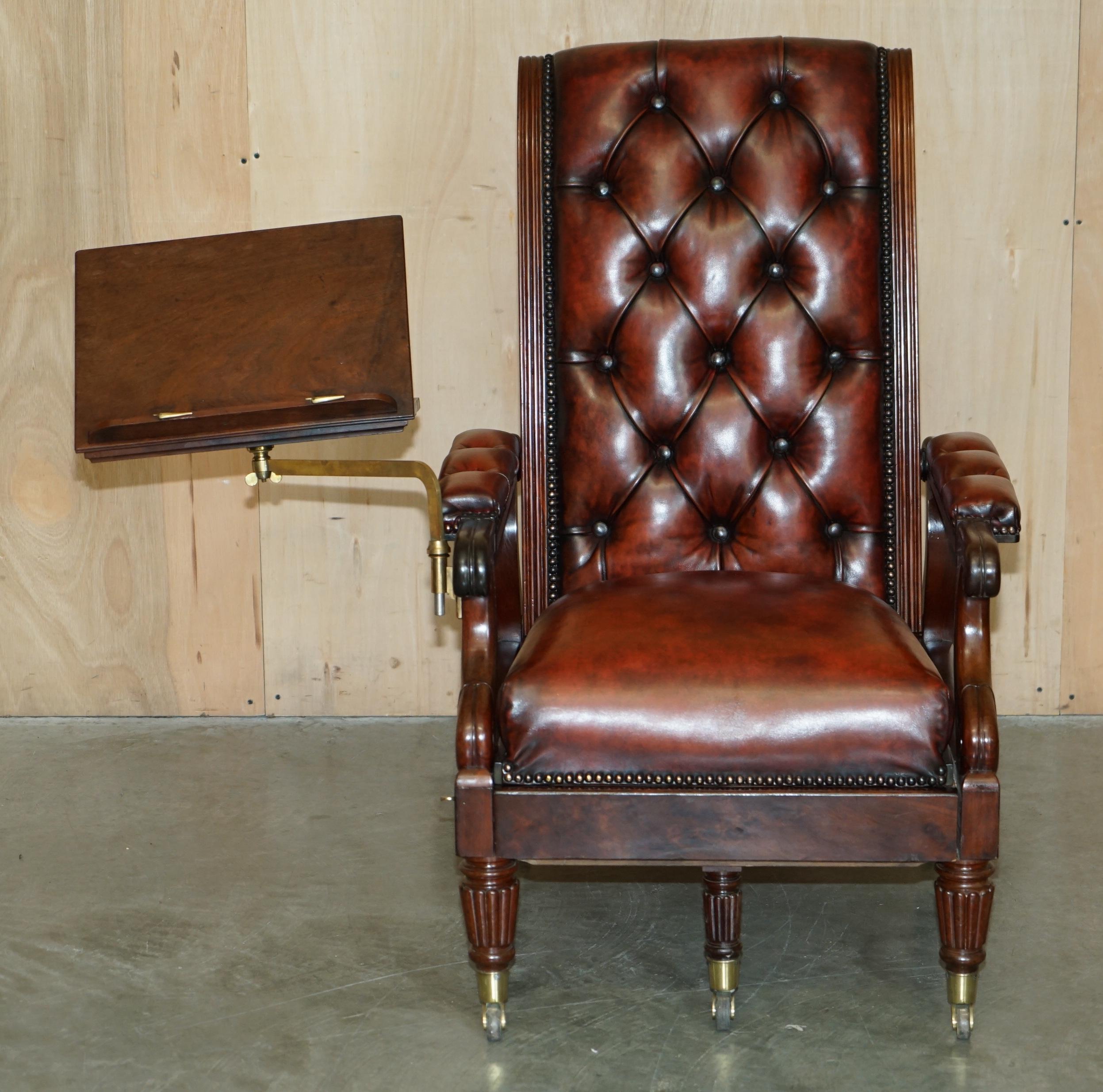Inglese ANTIQUE WILLIAM IV Chesterfield OXBLOOD LEATHER RECLINING ARMCHAiR WRITING SLOPE in vendita