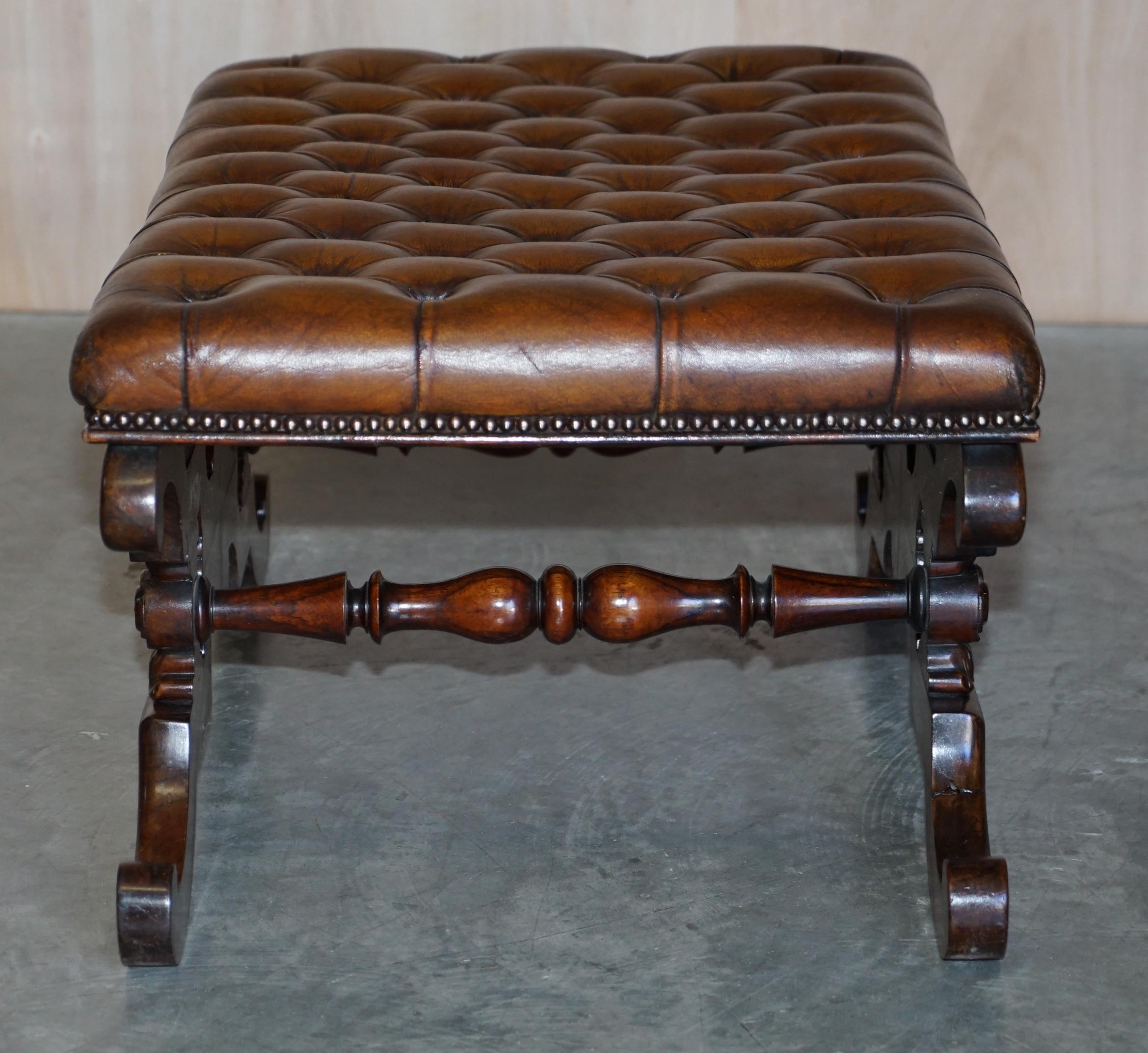 Antique William IV circa 1830 Hardwood & Brown Leather Chesterfield Bench Stool 7