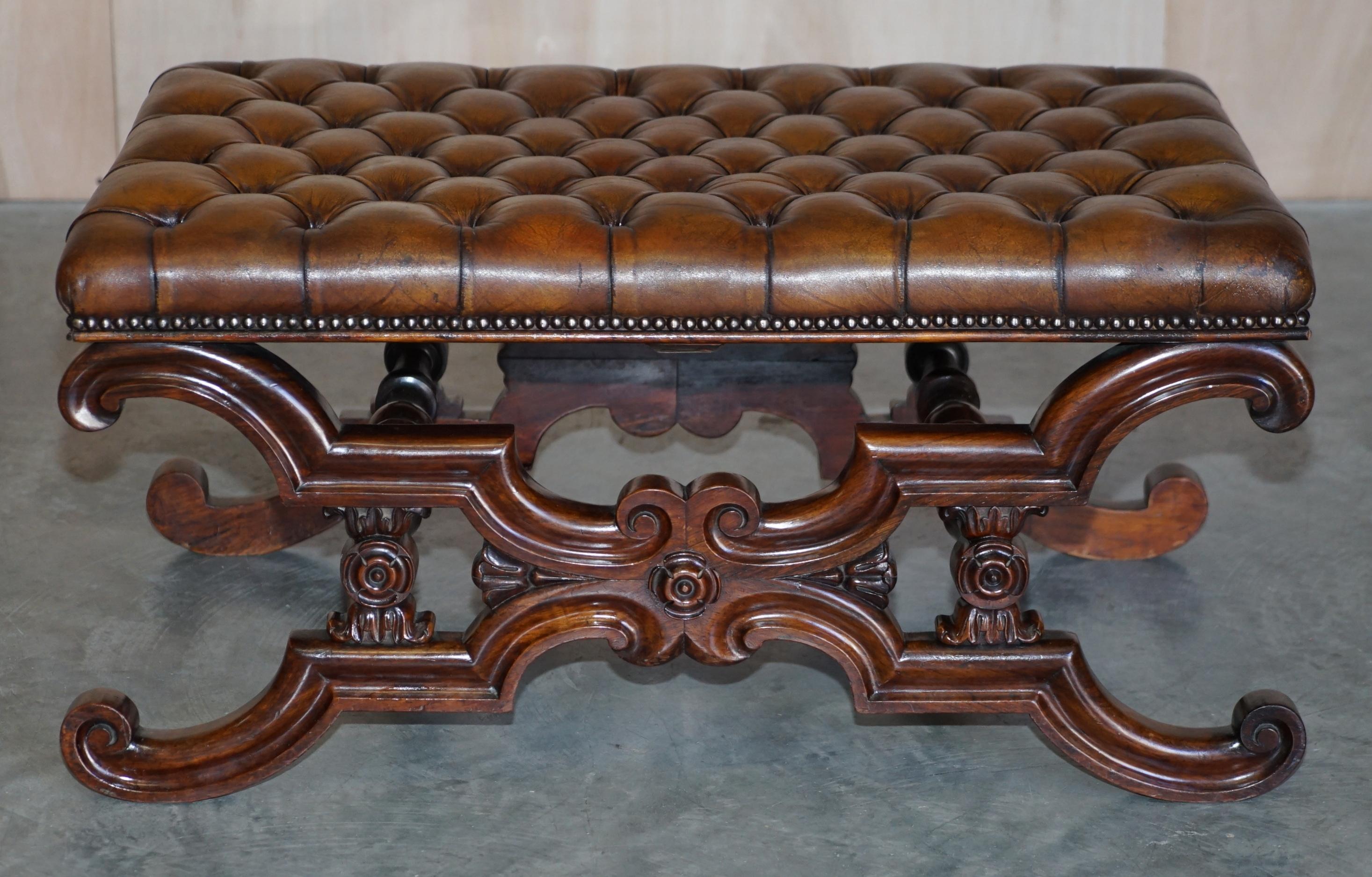 Antique William IV circa 1830 Hardwood & Brown Leather Chesterfield Bench Stool 8