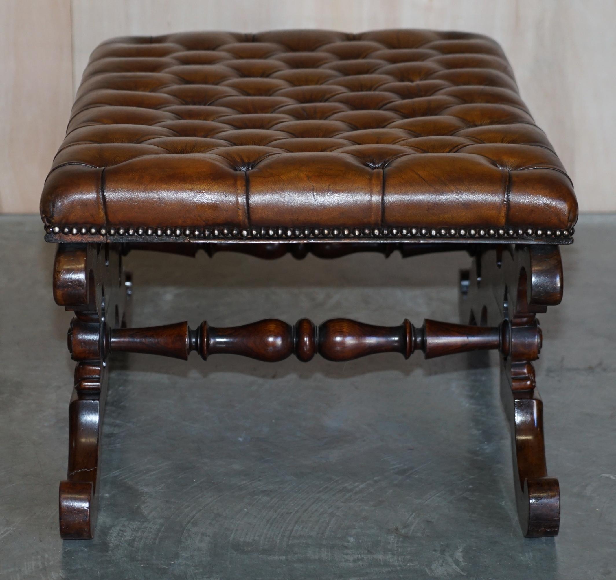 Antique William IV circa 1830 Hardwood & Brown Leather Chesterfield Bench Stool 12