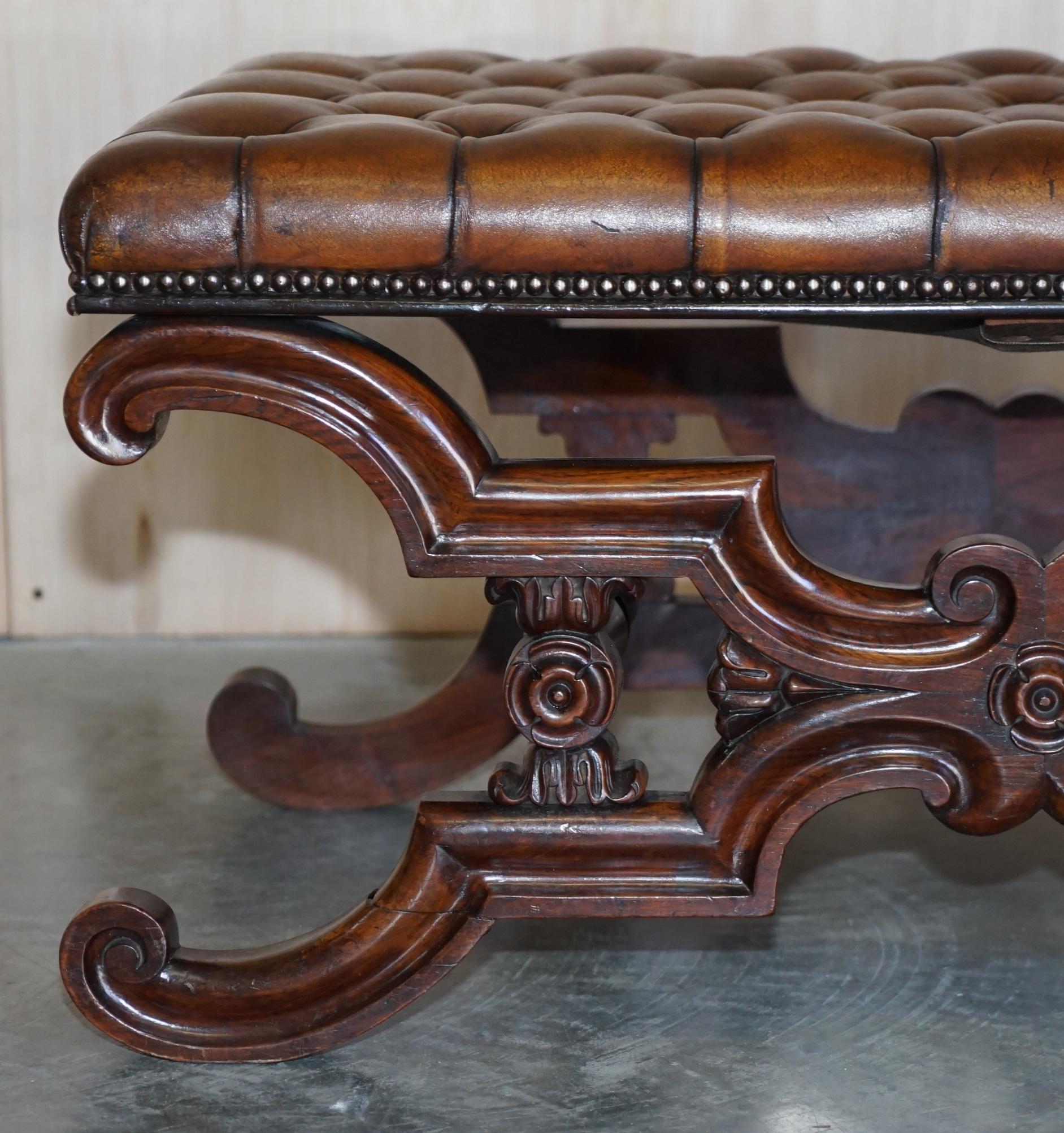 English Antique William IV circa 1830 Hardwood & Brown Leather Chesterfield Bench Stool