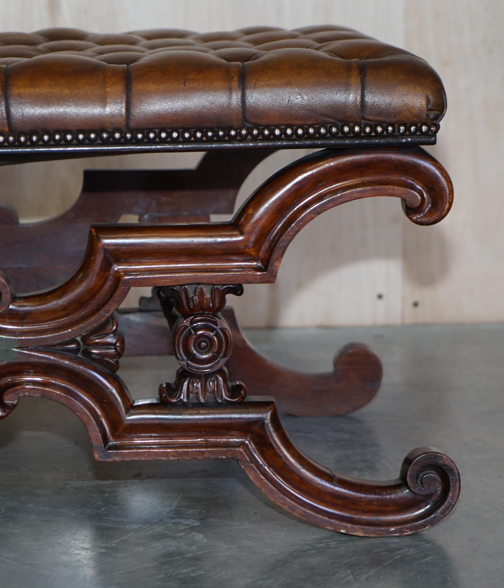 Hand-Crafted Antique William IV circa 1830 Hardwood & Brown Leather Chesterfield Bench Stool
