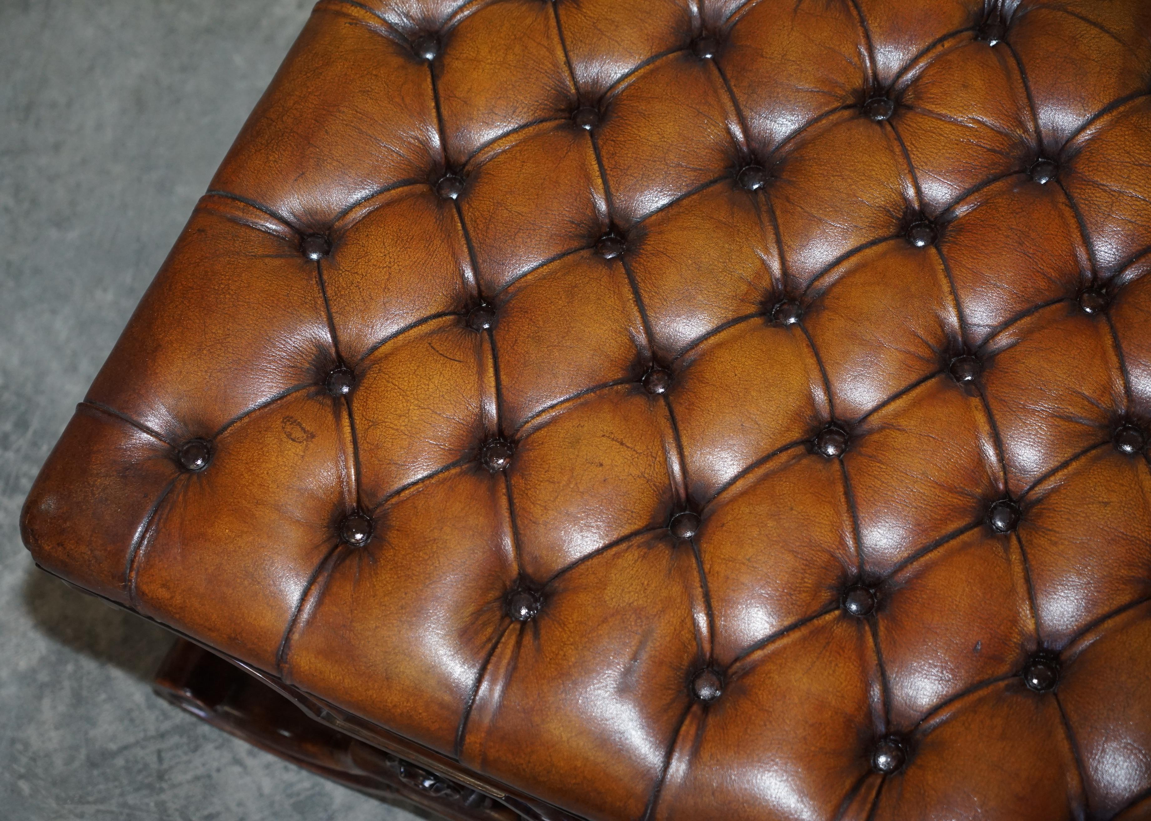 Antique William IV circa 1830 Hardwood & Brown Leather Chesterfield Bench Stool 3