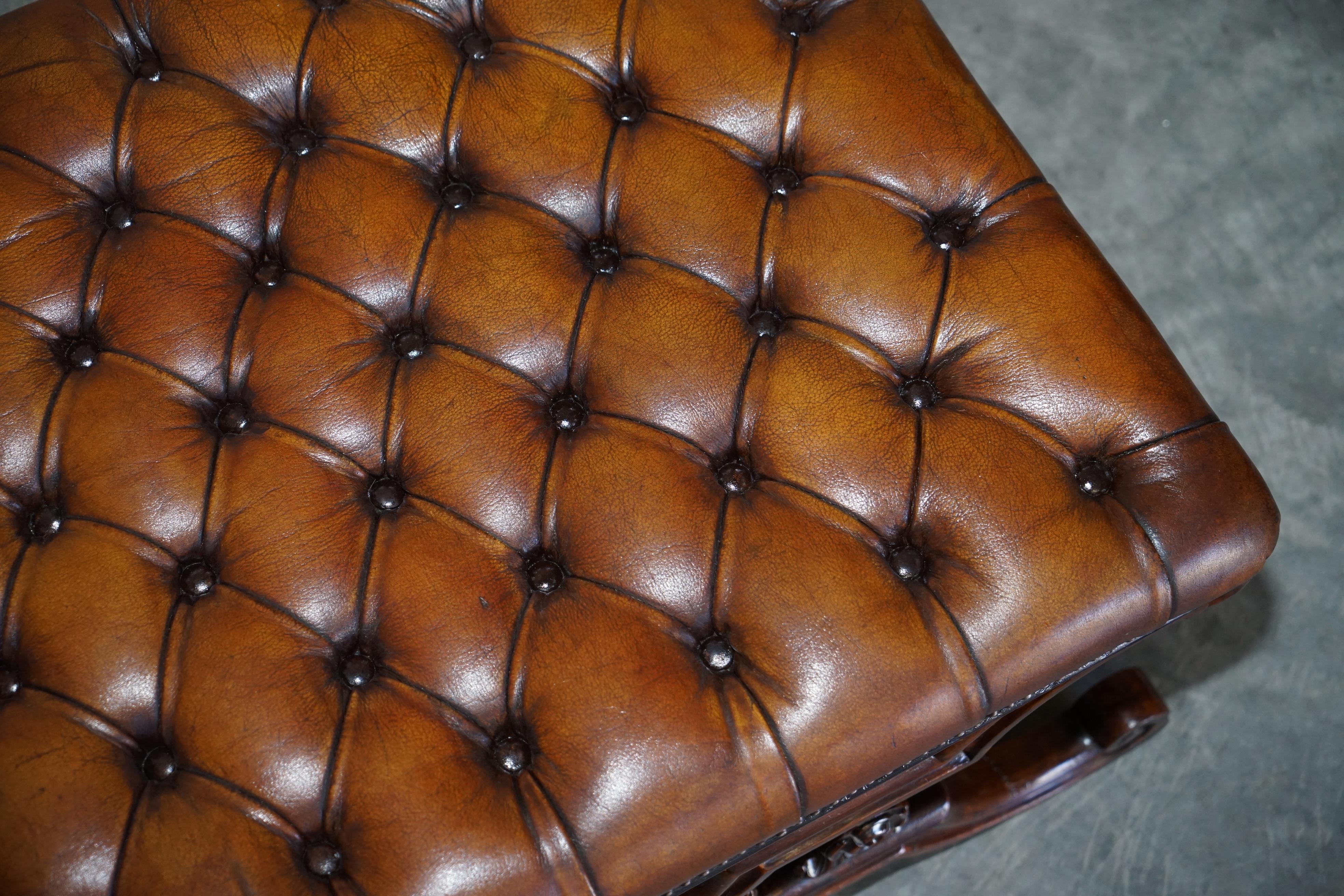 Antique William IV circa 1830 Hardwood & Brown Leather Chesterfield Bench Stool 4