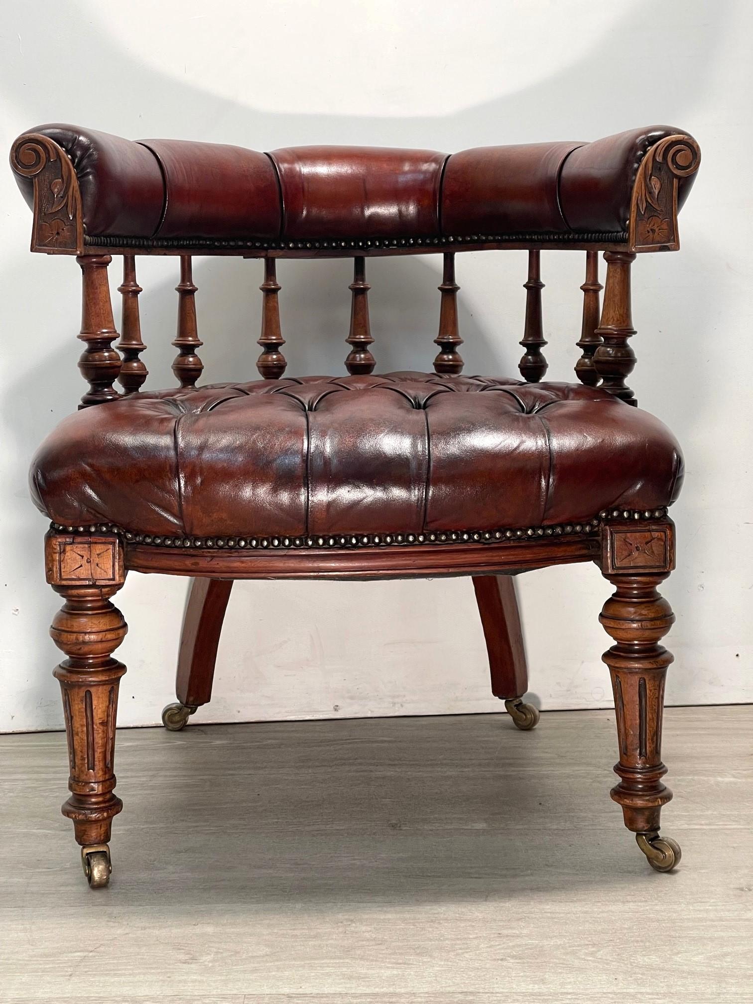 We are delighted to offer for sale this stunning, original William IV circa 1830 fully restored, hand dyed brown leather Chesterfield office chair 

One of the best-looking chairs we’ve had come through the workshop in some time, its hand carved