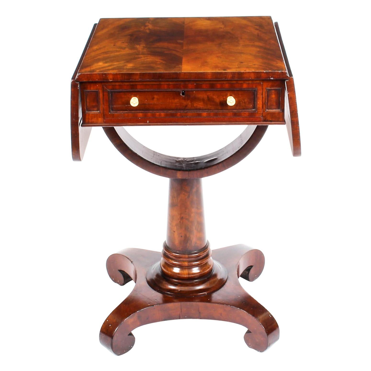 Antique William IV Flame Mahogany Drop-Leaf Work Table, 19th Century