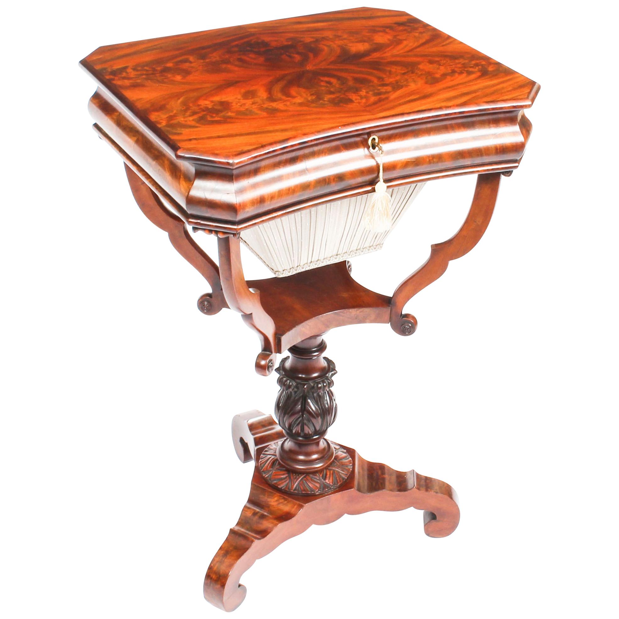 Antique William IV Flame Mahogany Work Table, 19th Century