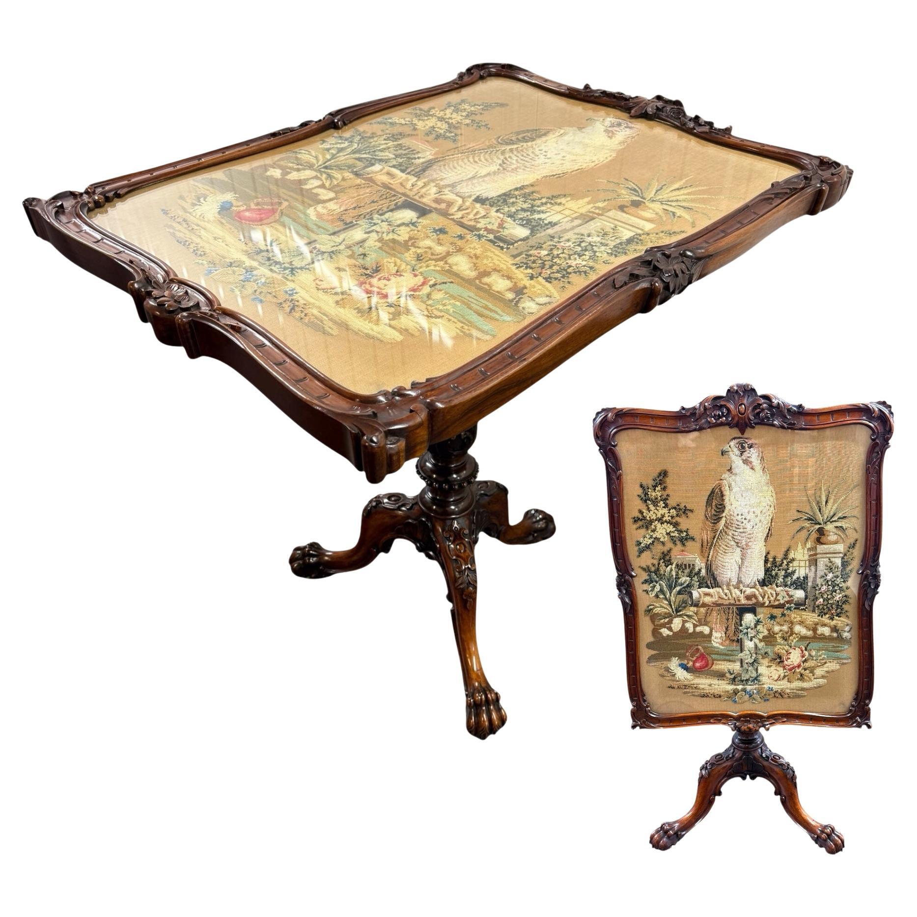 Ancienne table à trépied en bois de rose sculpté et inclinable, écran de cheminée William IV Williams en vente