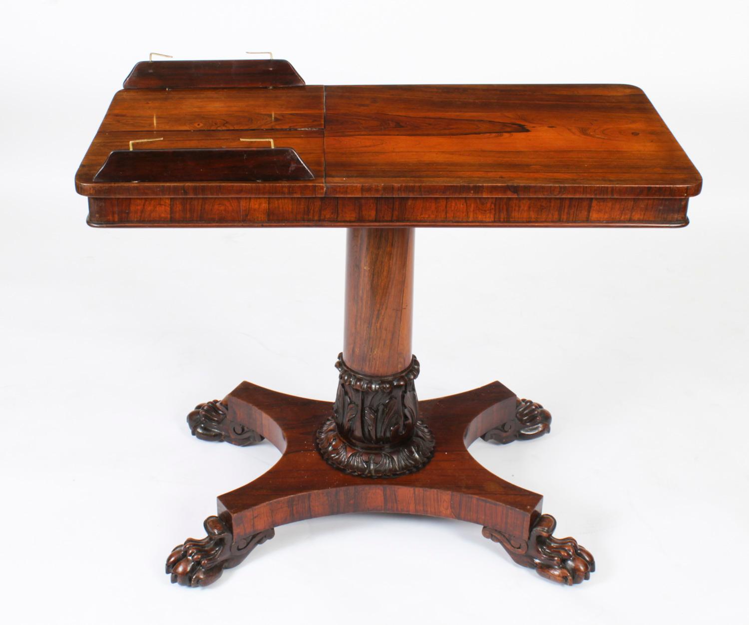 This handsome antique William IV occasional reading table dates from Circa 1830.
 
It has been masterfully crafted in Gonçalo Alves, has a top which can be raised at different angles to display your favourite books or magazines and is also ideal