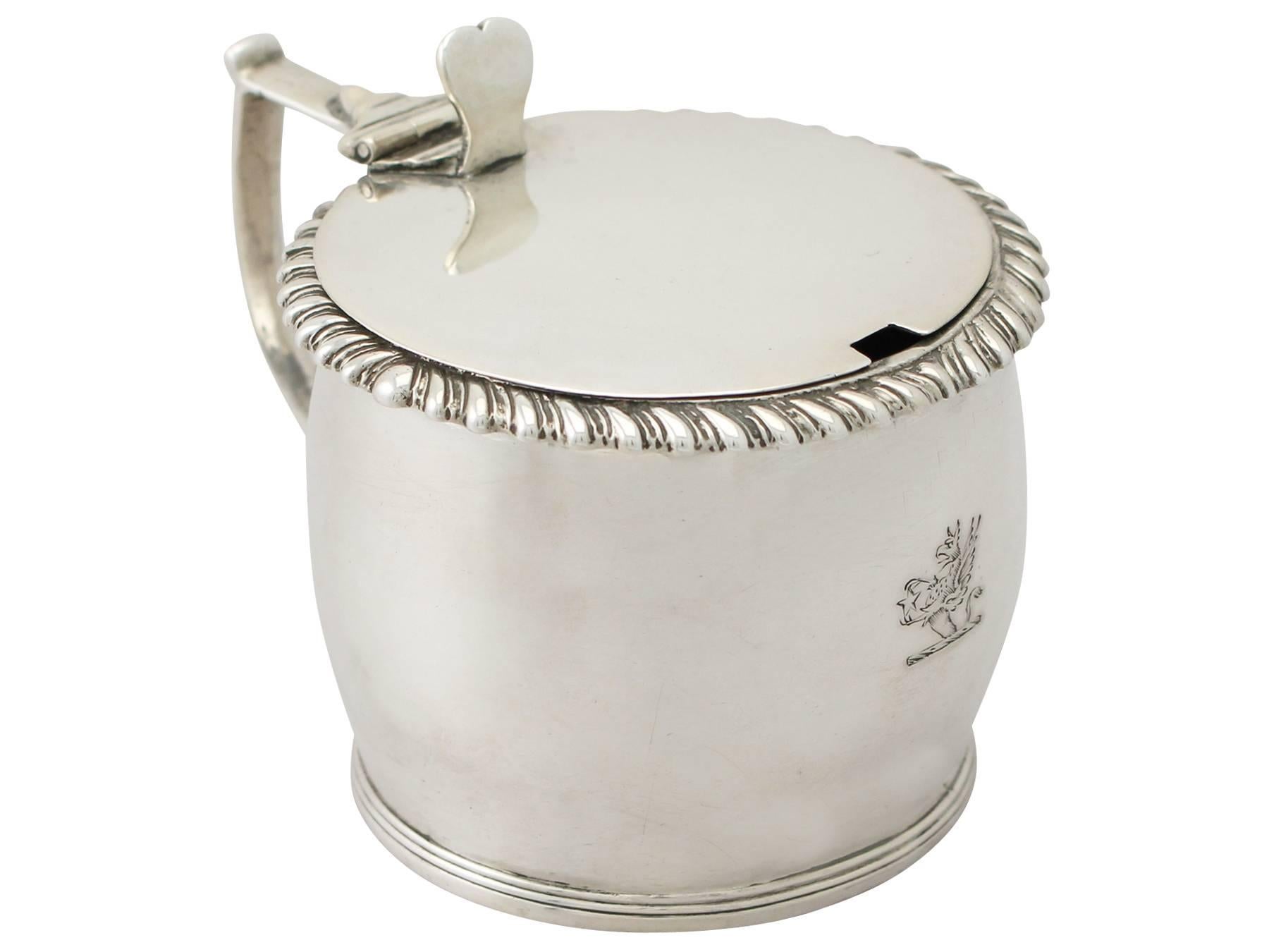 A fine, large and impressive antique William IV Irish sterling silver mustard pot; an addition to our silver cruets / condiments collection

This fine antique William IV Irish sterling silver mustard pot has a plain barrel shaped form onto an