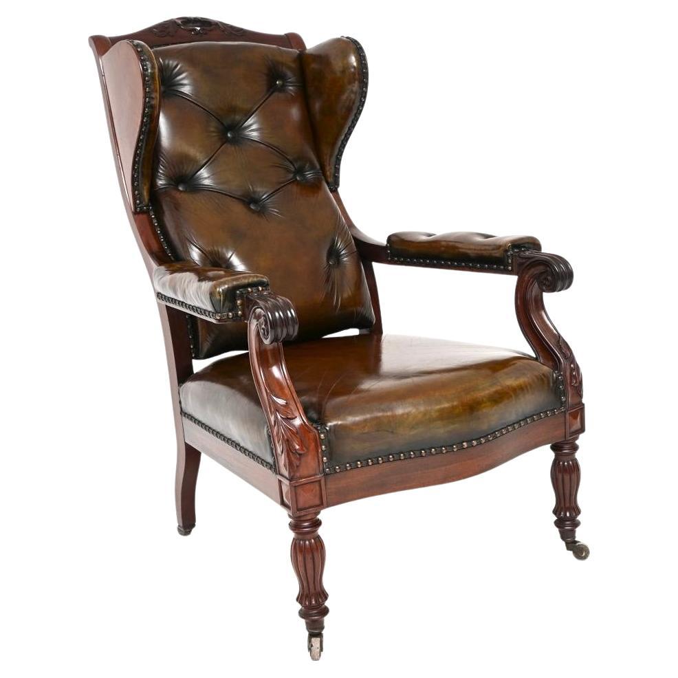 Antique William IV Leather and Walnut Wing Back Armchair