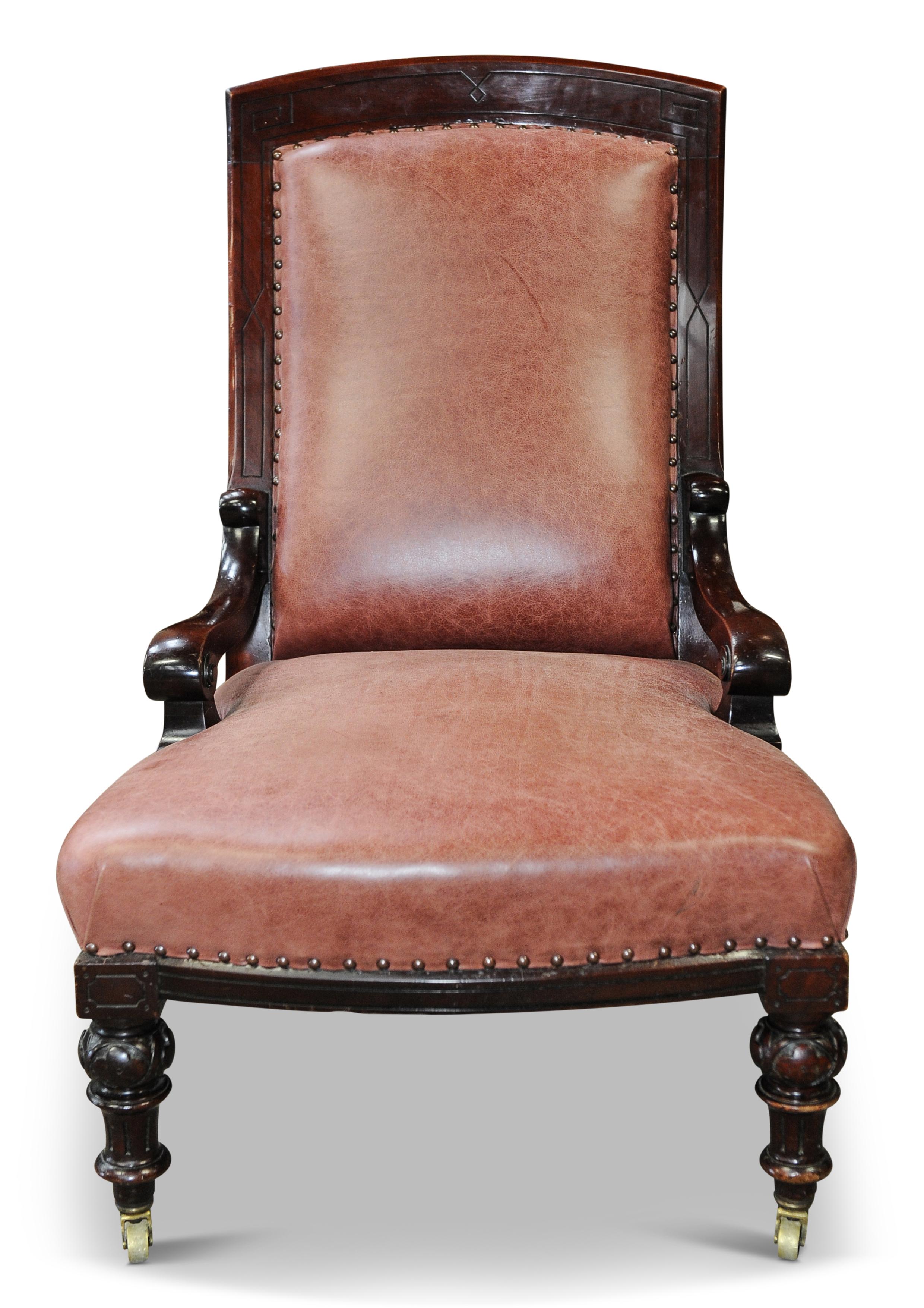 British Antique William IV Leather & Mahogany Library Chair With Athenian Carved Wood For Sale