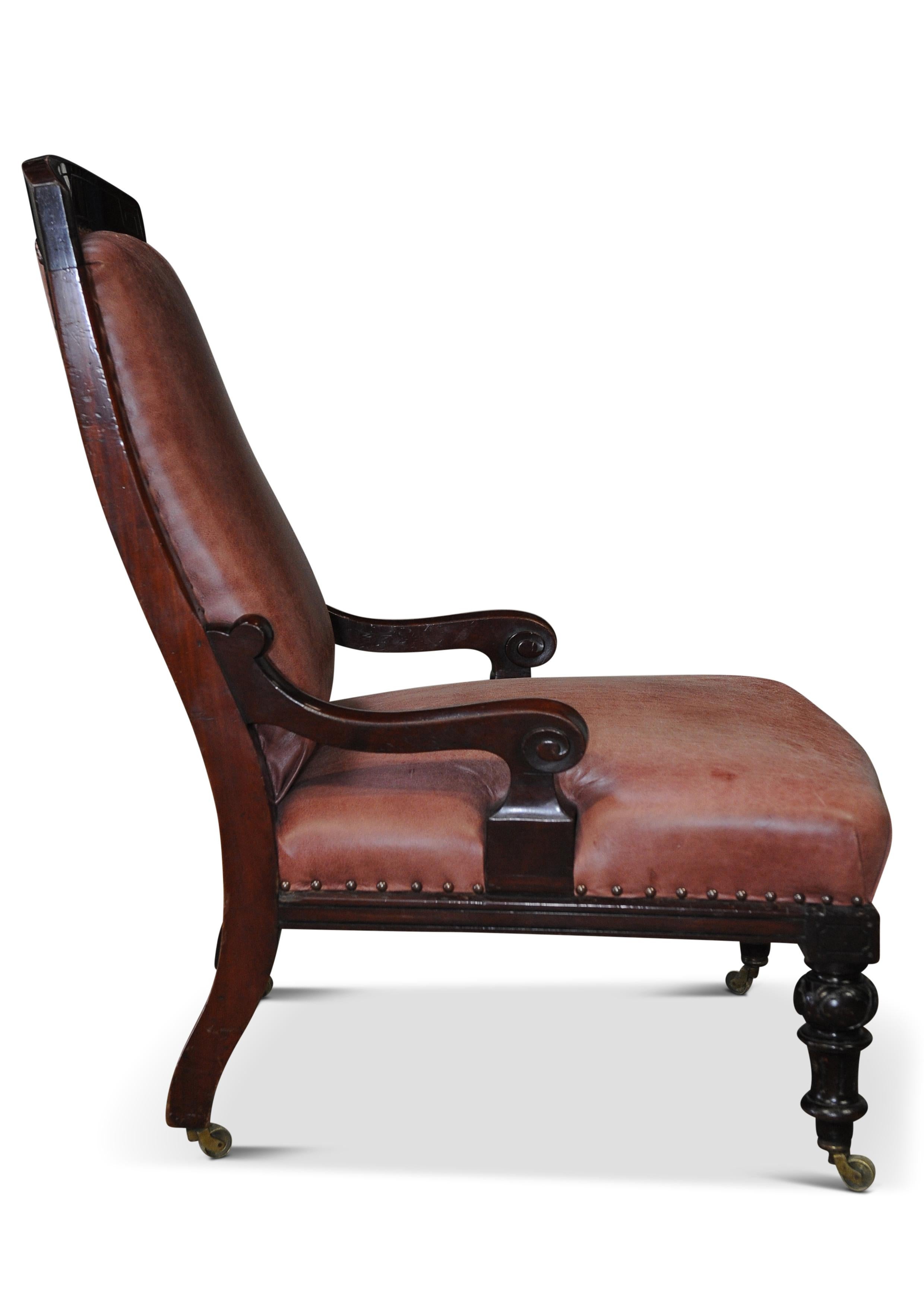 Hand-Carved Antique William IV Leather & Mahogany Library Chair With Athenian Carved Wood For Sale