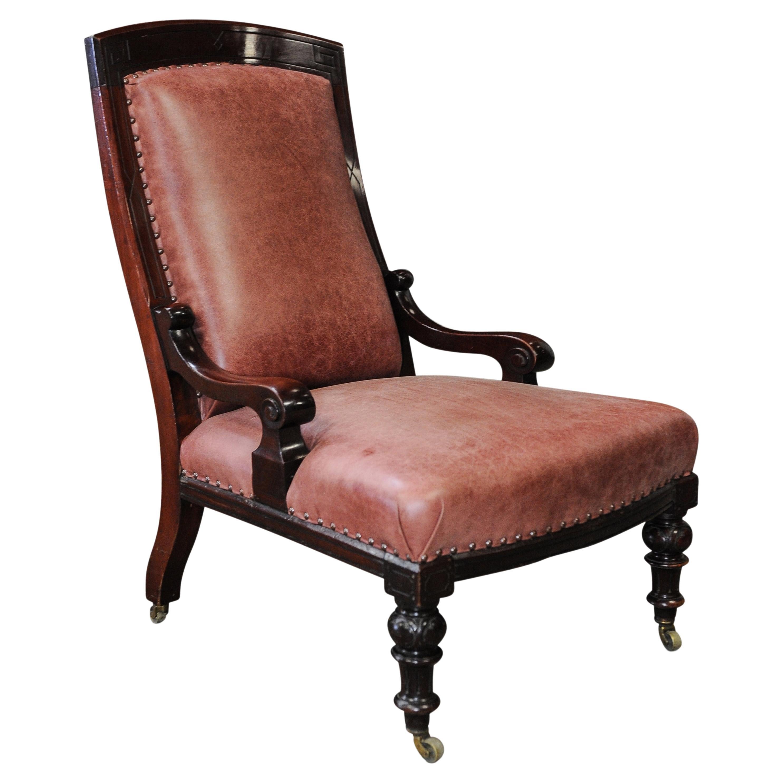Antique William IV Leather & Mahogany Library Chair With Athenian Carved Wood For Sale