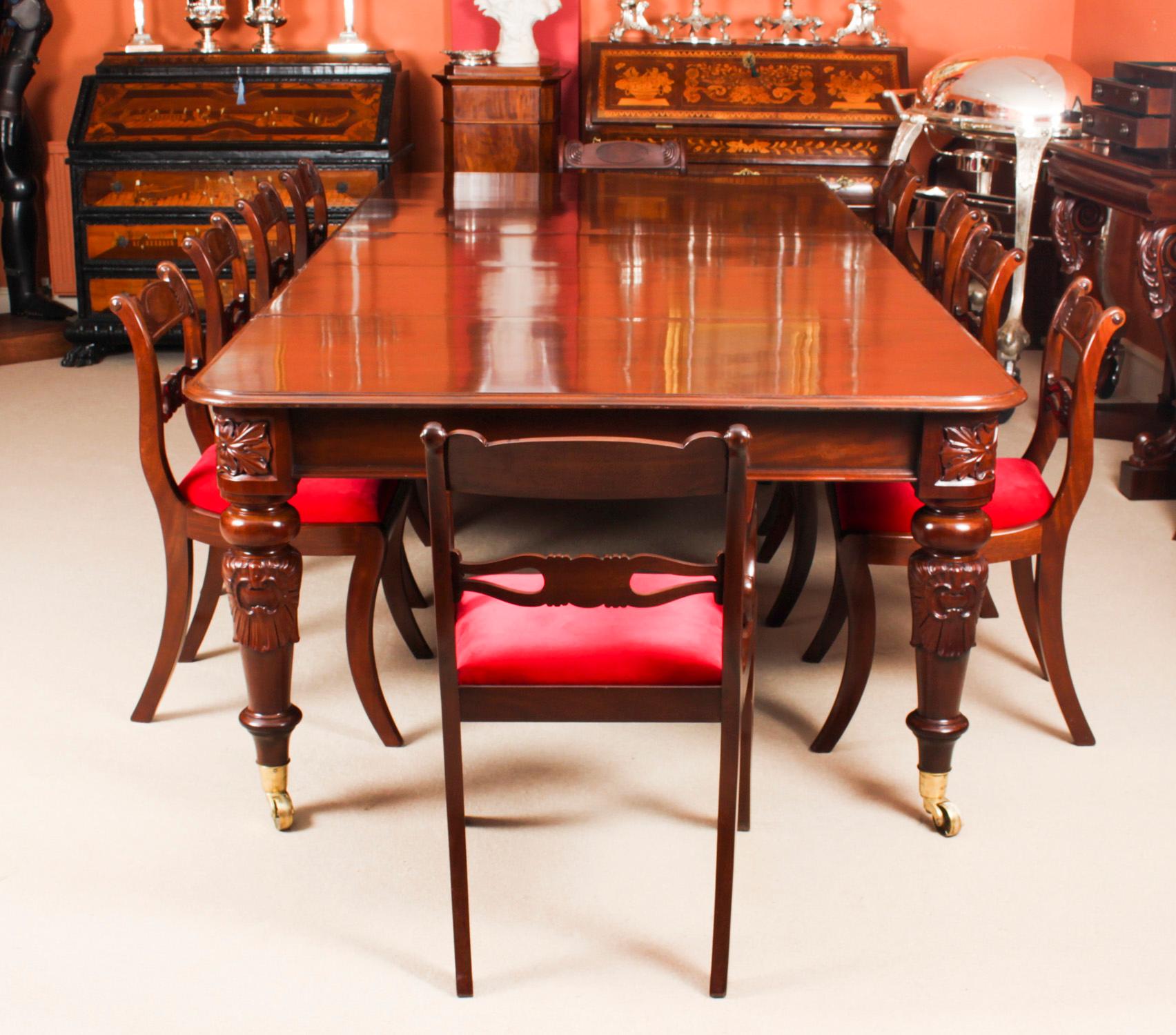 This is a fantastic dining set comprising of an antique William IV solid mahogany telescopic extending dining table, C1835 in date, with an antique set of ten Regency Dining Chairs, Circa 1830.

The beautiful dining table is in stunning flame