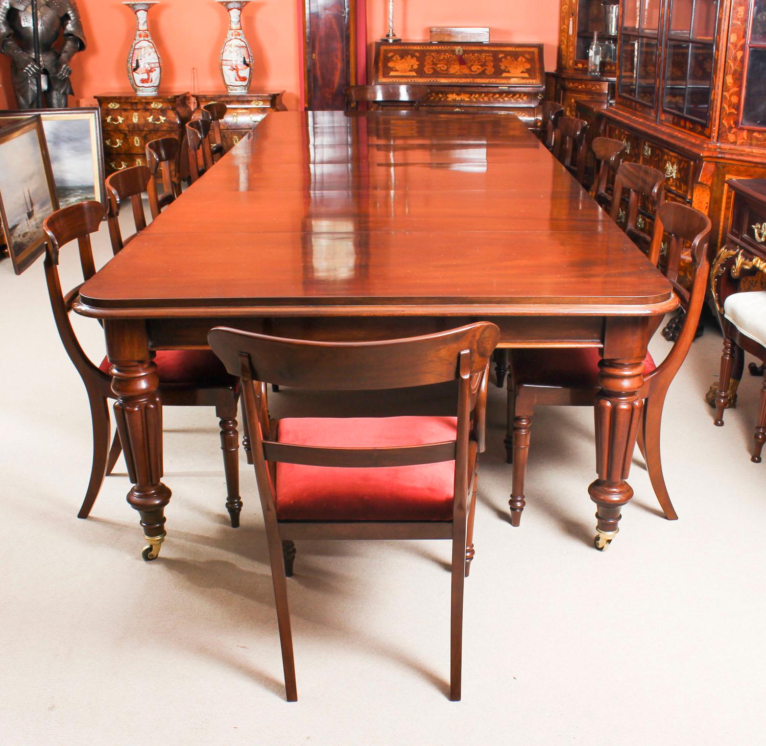 This is a magnificent antique dining set comprising a William IV solid mahogany dining table and a set twelve antique dining chairs circa 1830 in date.
 
This beautiful table has a rounded rectangular top with a molded edge. The top is in stunning