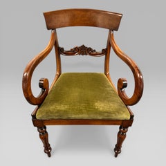 Antique William IV Mahogany Elbow Chair with Green Upholstered Seat