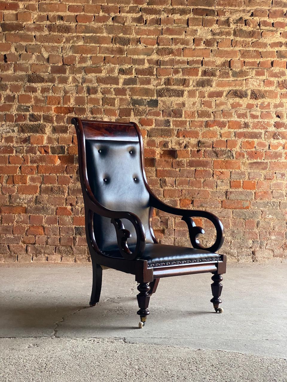 Antique William IV mahogany library armchair Circa 1835.

Magnificent antique 19th century William VI Mahogany framed Library Armchair England circa 1835, the chair newly upholstered in black leather and finished with brass stud detail, with
