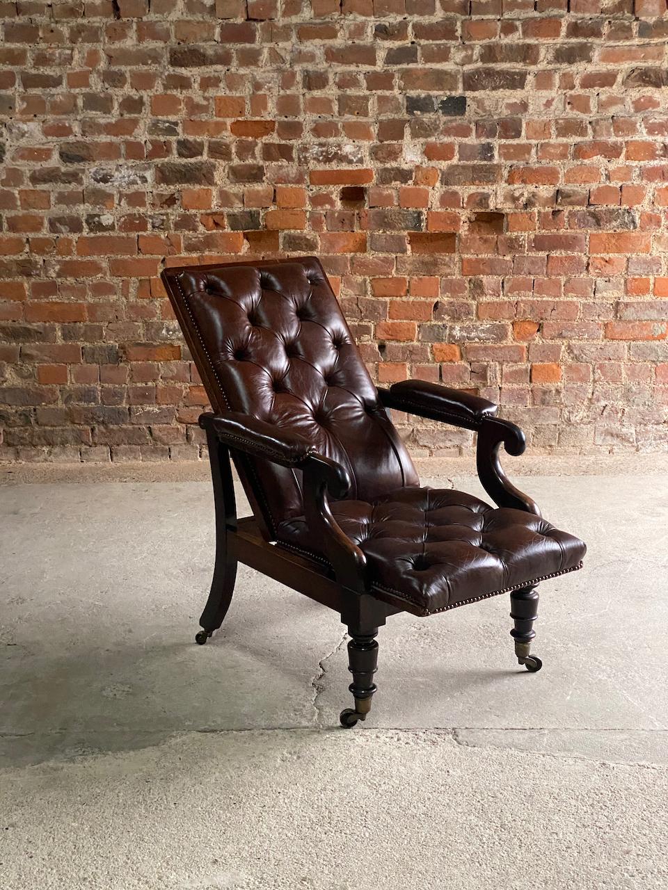 Antique William IV Mahogany reclining library armchair Circa 1835

Magnificent antique William VI Reclining Mahogany & Leather Library Armchair early 19th century England circa 1835, the chair with its beautiful brown buttoned leather upholstery