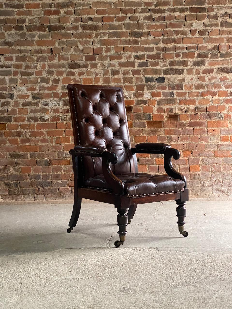 English Antique William IV Mahogany Reclining Library Armchair Circa 1835 For Sale