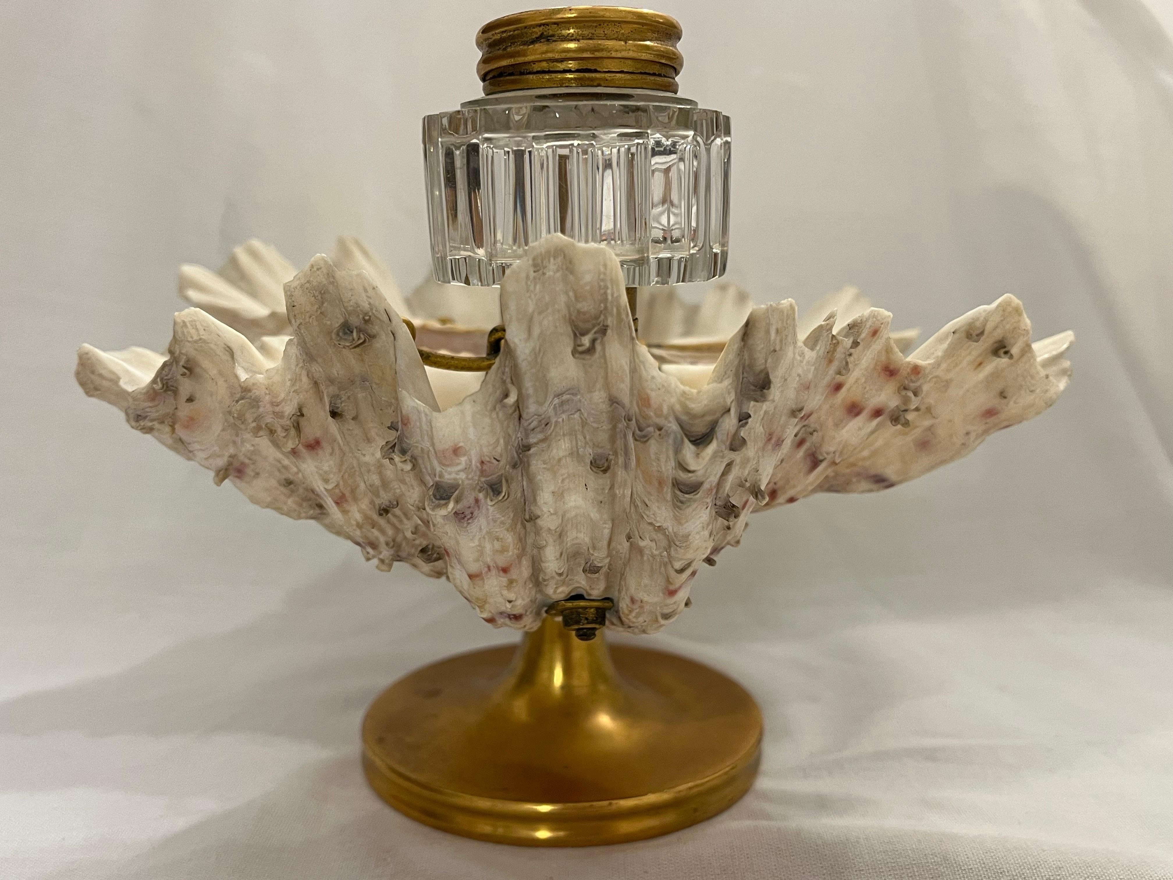Antique William IV Shell Gilt Bronze Double Inkwell with Pen Rest Candle Stand 5