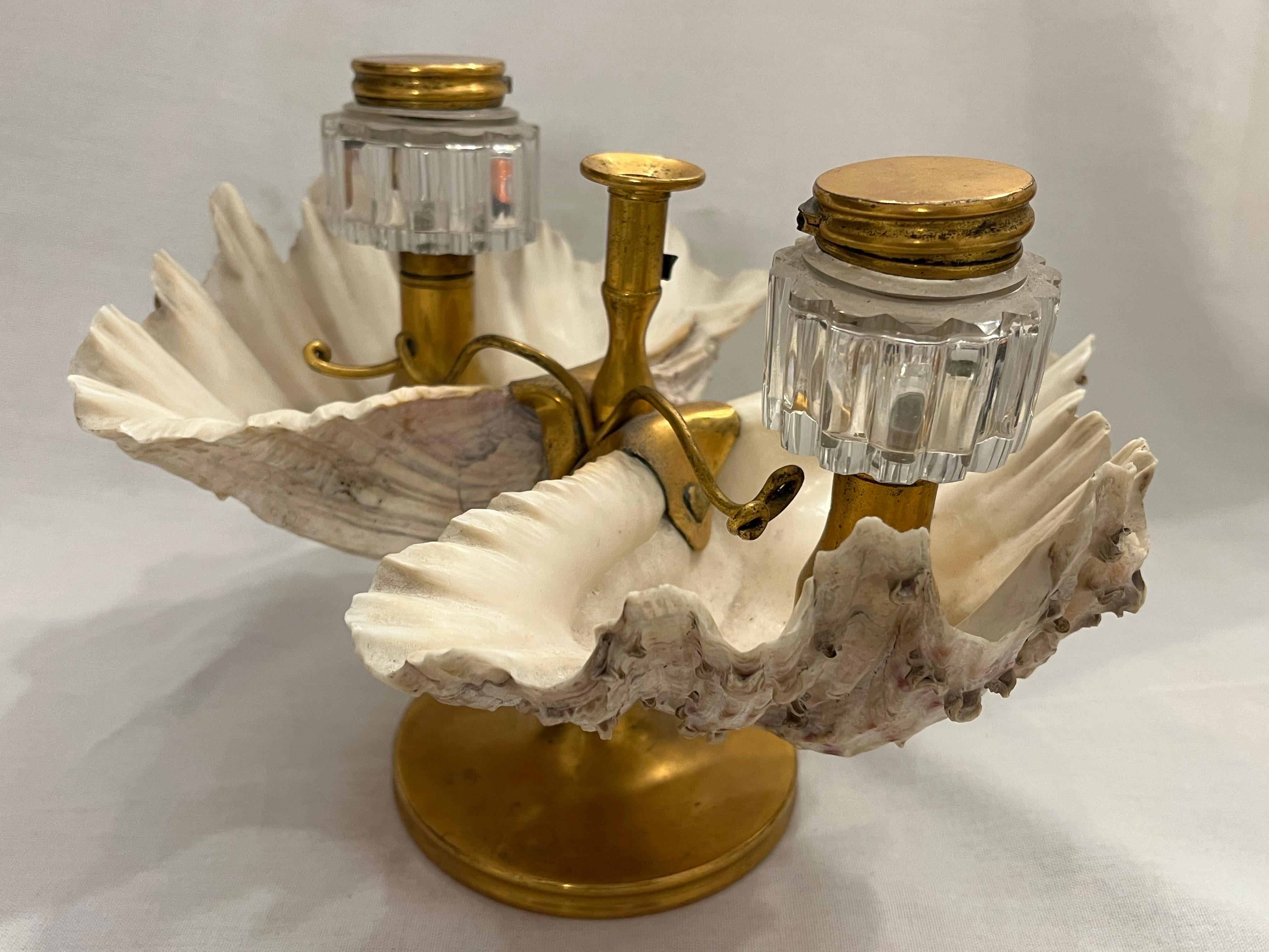Antique William IV Shell Gilt Bronze Double Inkwell with Pen Rest Candle Stand For Sale 9