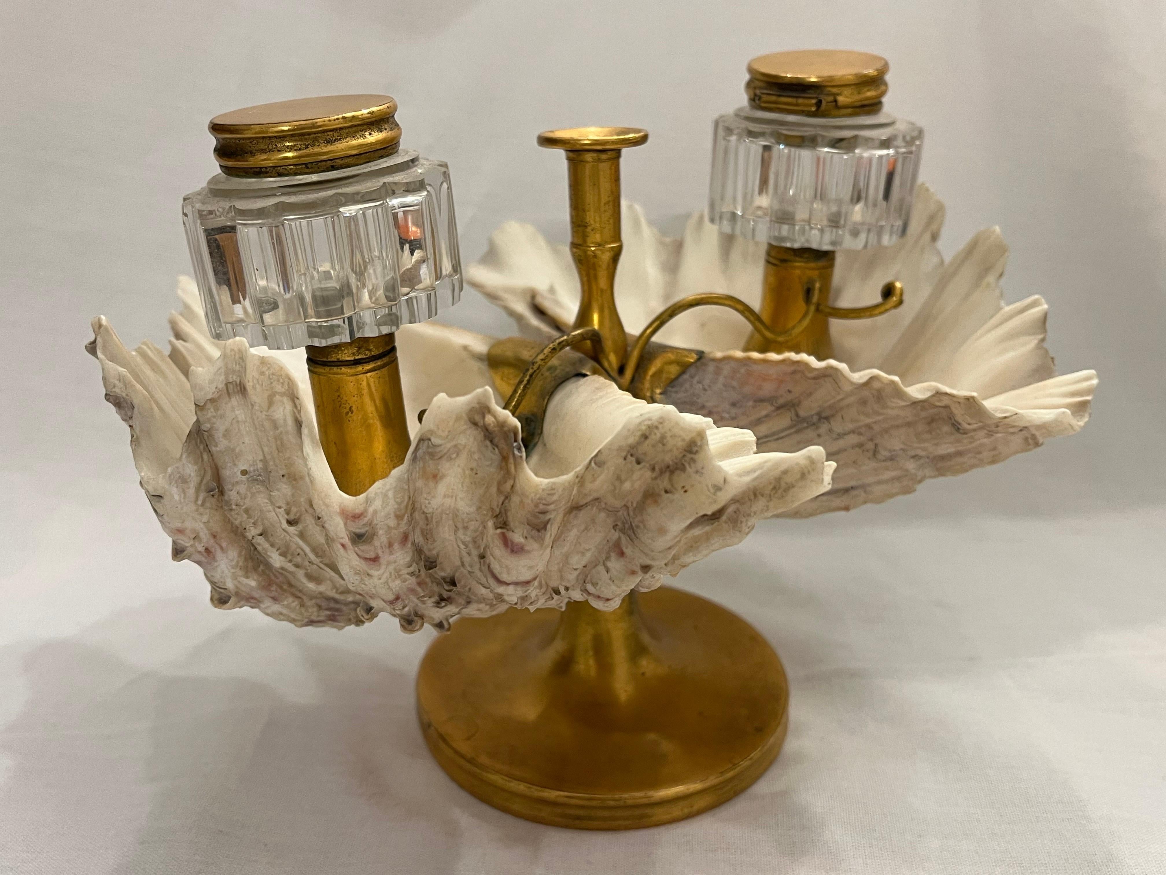 European Antique William IV Shell Gilt Bronze Double Inkwell with Pen Rest Candle Stand
