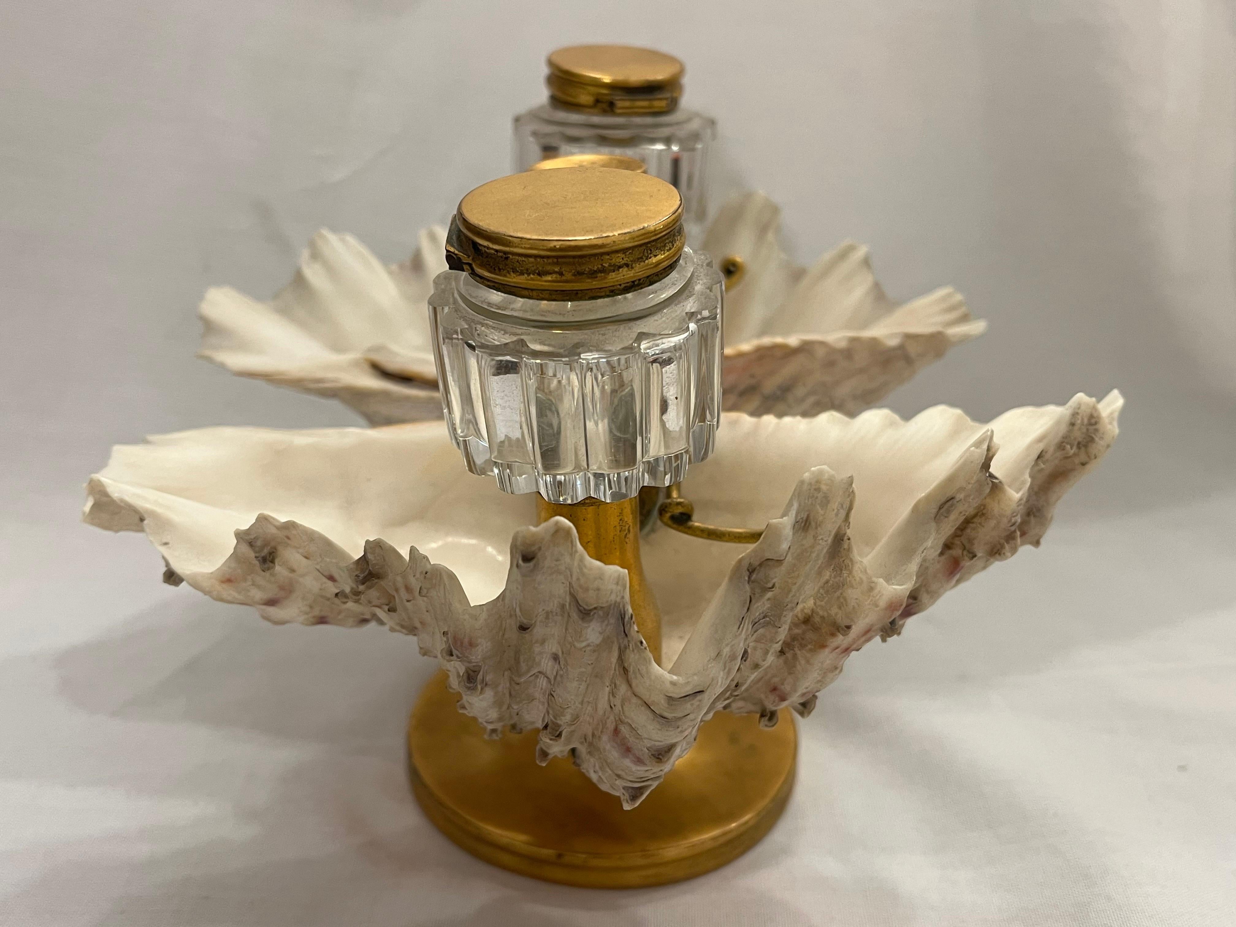Antique William IV Shell Gilt Bronze Double Inkwell with Pen Rest Candle Stand In Good Condition In Atlanta, GA