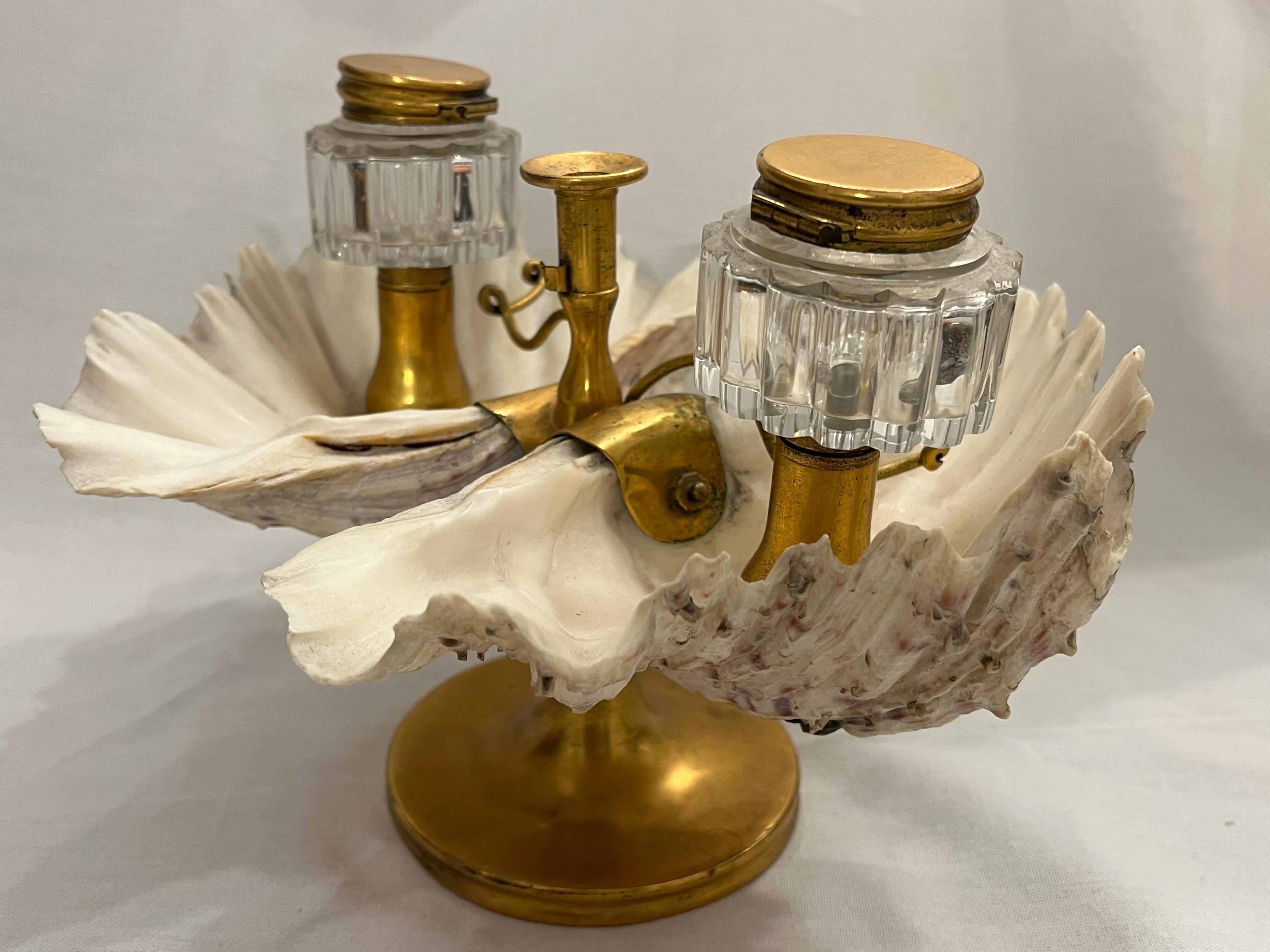 19th Century Antique William IV Shell Gilt Bronze Double Inkwell with Pen Rest Candle Stand For Sale