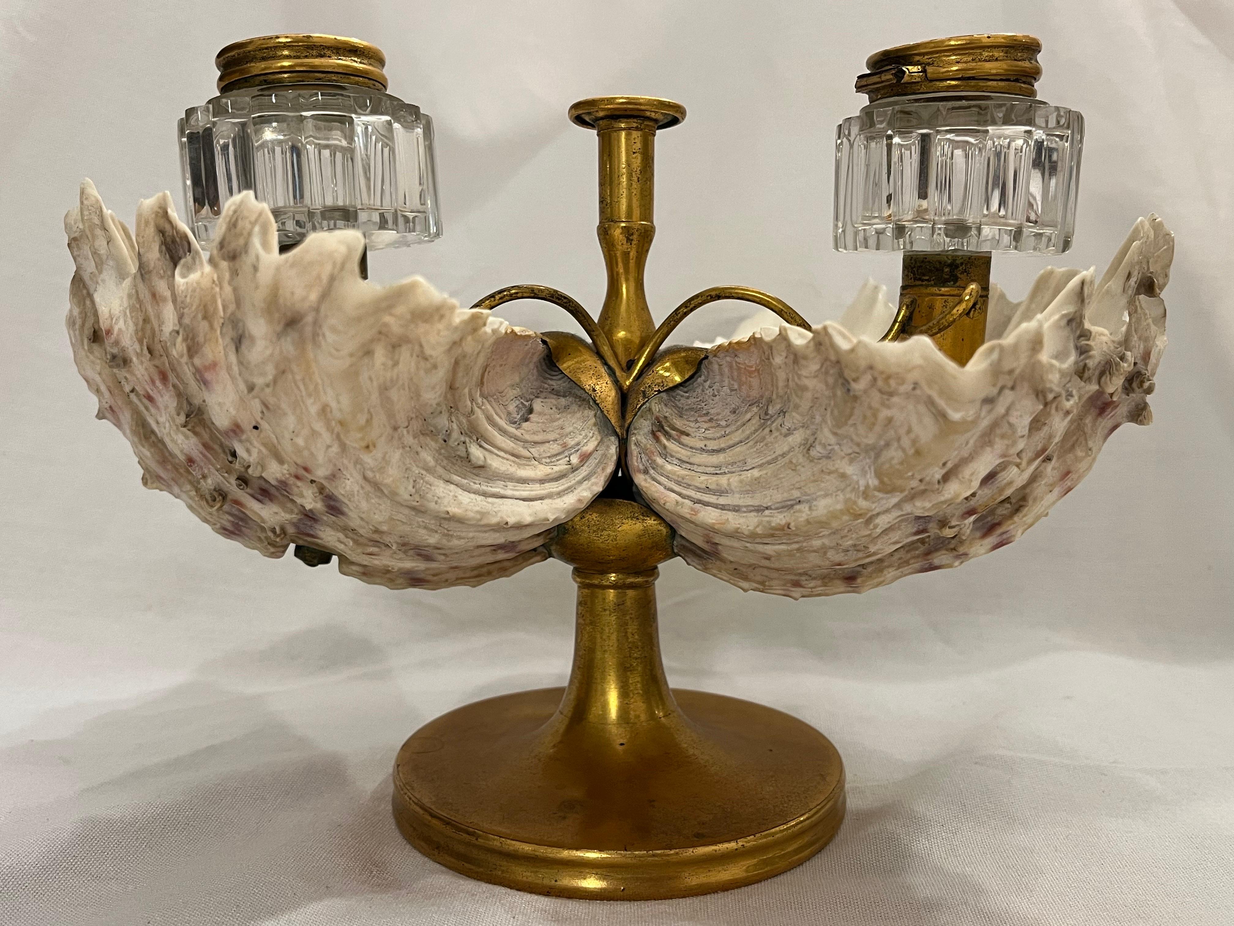 Antique William IV Shell Gilt Bronze Double Inkwell with Pen Rest Candle Stand For Sale 4