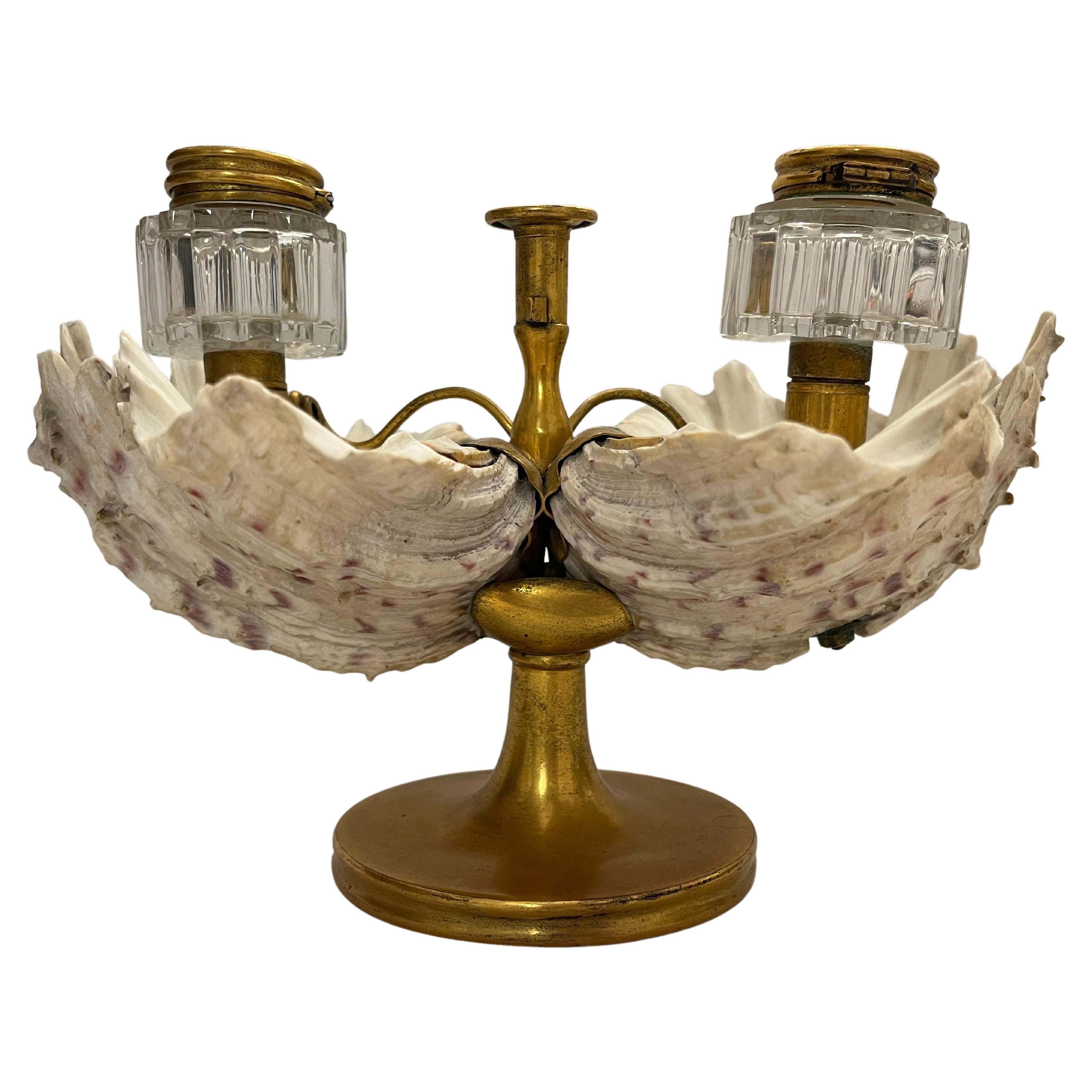 Antique William IV Shell Gilt Bronze Double Inkwell with Pen Rest Candle Stand For Sale