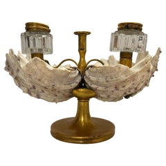Antique William IV Shell Gilt Bronze Double Inkwell with Pen Rest Candle Stand